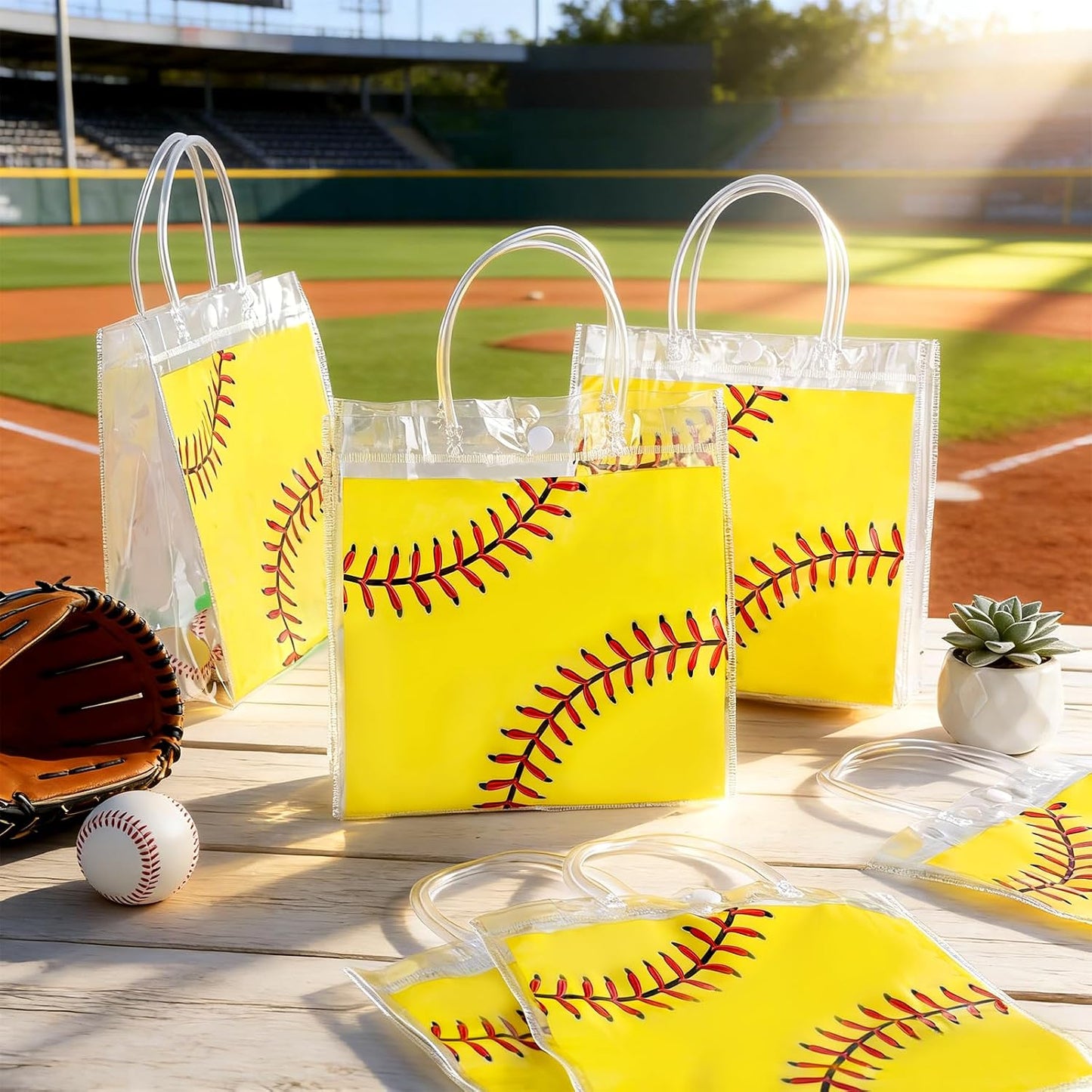 Softball Clear PVC Gift Bags - 24Pcs Sport Theme Goodie Treat Tote Bags | 8 x 8 x 3In for Boys Birthday Party & Baby Shower Decor