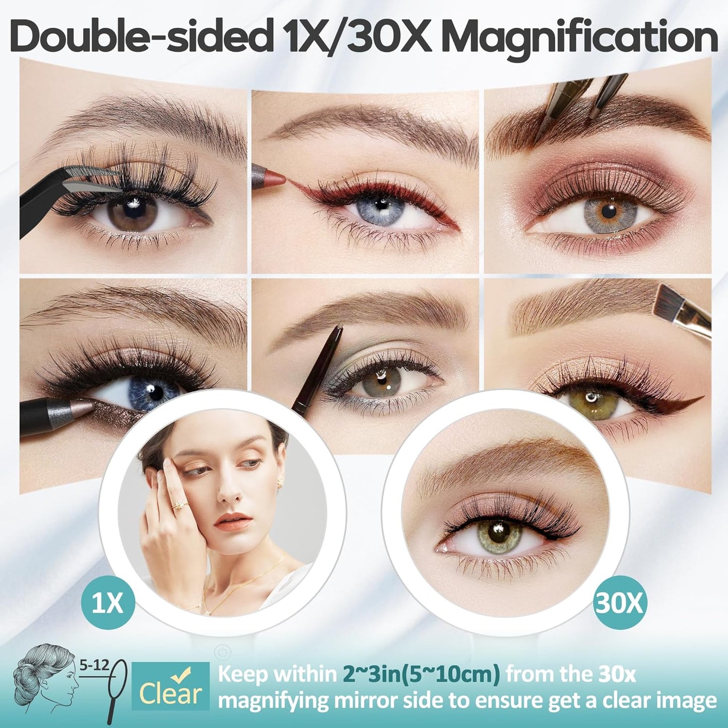 Magnifying Makeup Mirror with Light - 30X Double-Sided, 3 Color Modes | Foldable Travel Design (9" L x 7" W)