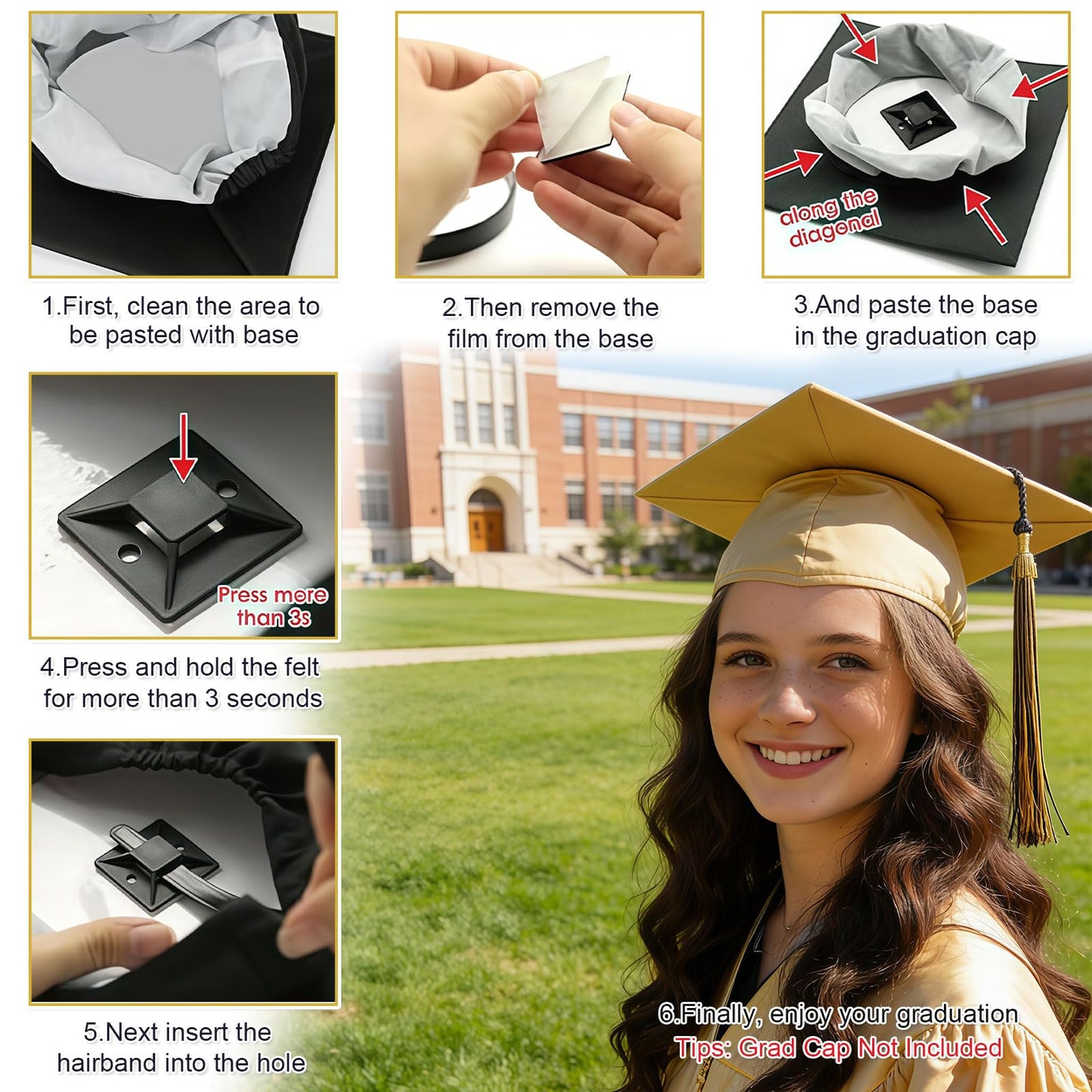 Pvoiue Graduation Cap Headband Insert 2026, Matte Black Acrylic Grad Cap Fixer with Adhesive Base, Invisible No-Slip Grad Cap Accessory for Graduates