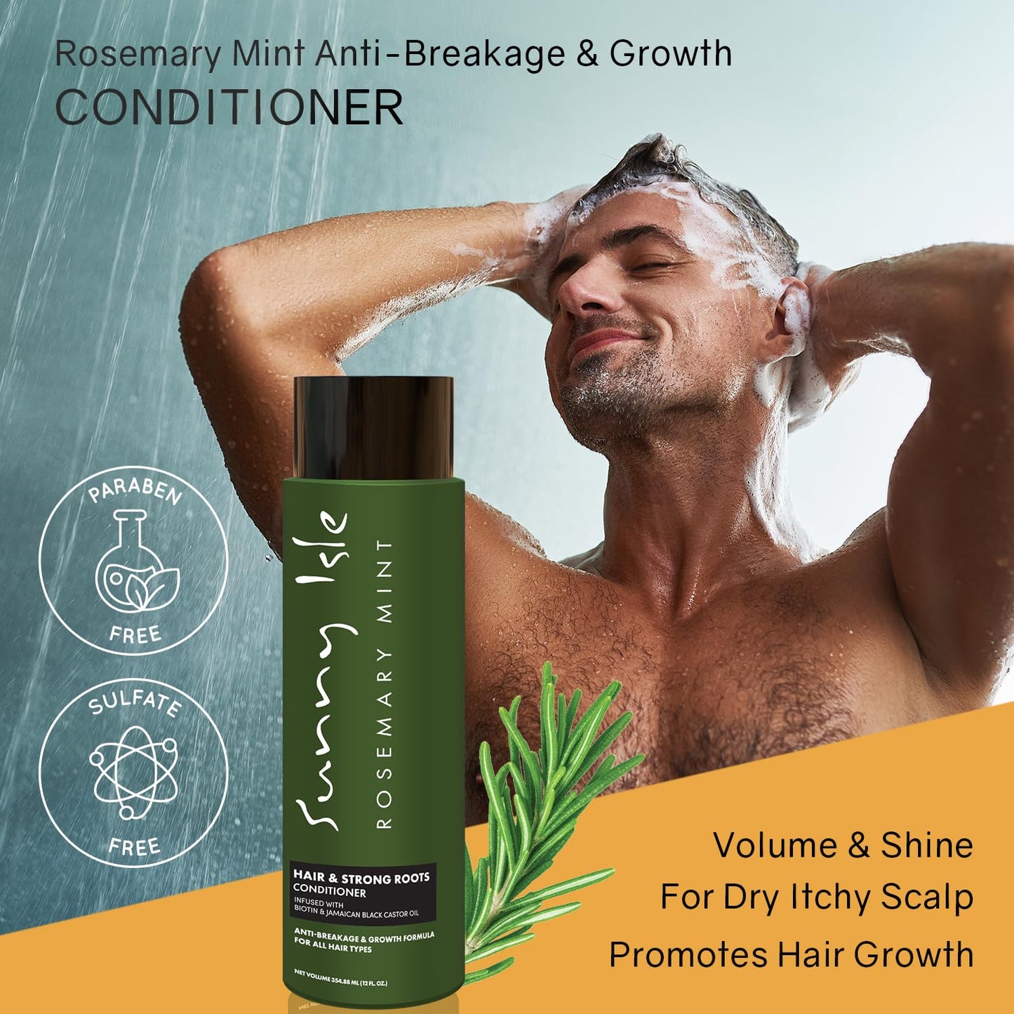 Sunny Isle Rosemary Mint Hair & Strong Roots Conditioner - Anti-Breakage, Growth, Biotin, Castor Oil - 12oz