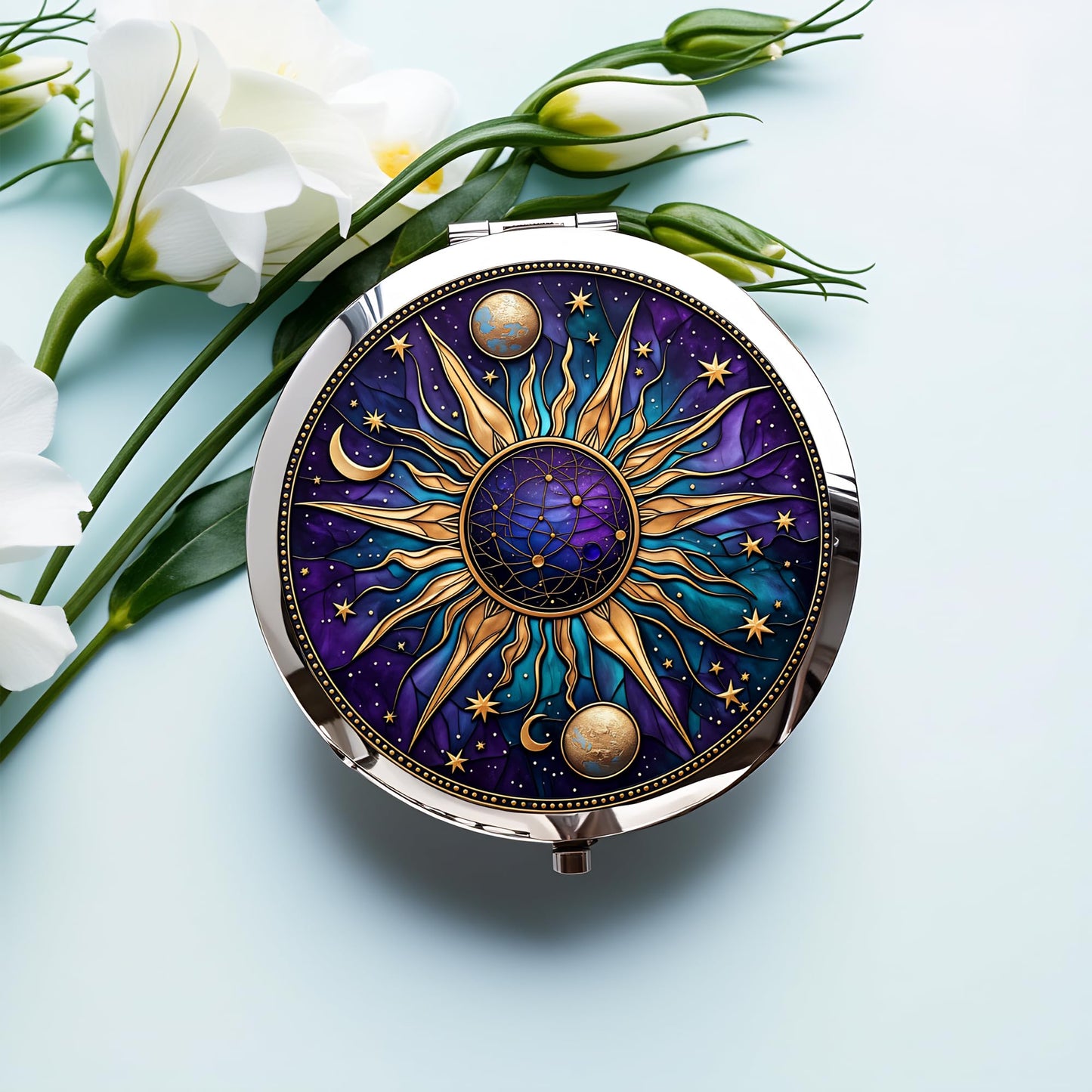 Silver Compact Mirror, 2.8x2.8inch Double-Sided Folding Makeup Mirror with Purple Sun Moon Design, Ideal Gift for Women