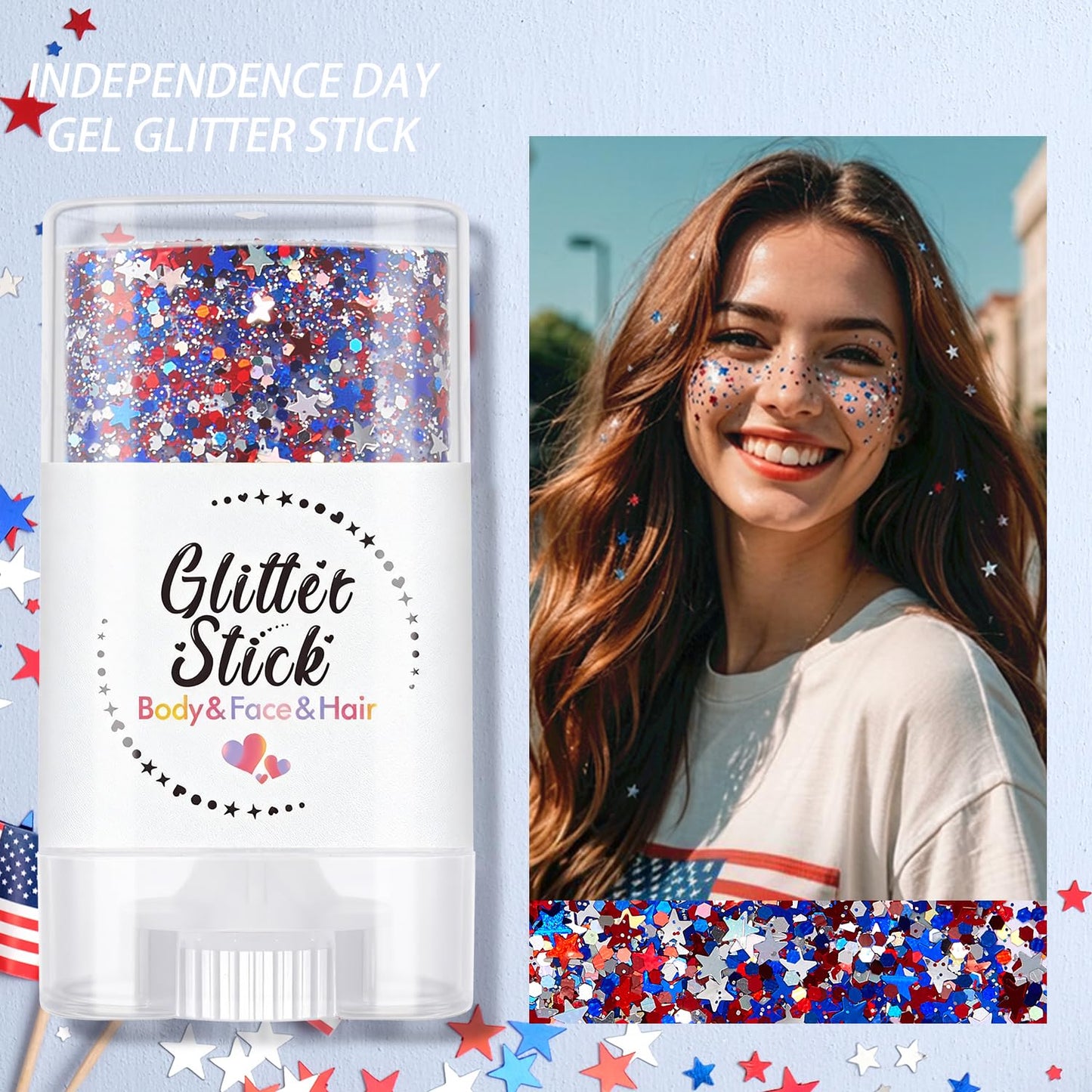 4th of July Body Glitter Stick for Face, Body & Hair - Red White & Blue Chunky Glitter with Star Sequins, 2 Pack Patriotic Makeup for Watch Party, Festival, Rave, Concert & Stadium for Women 2 Pack
