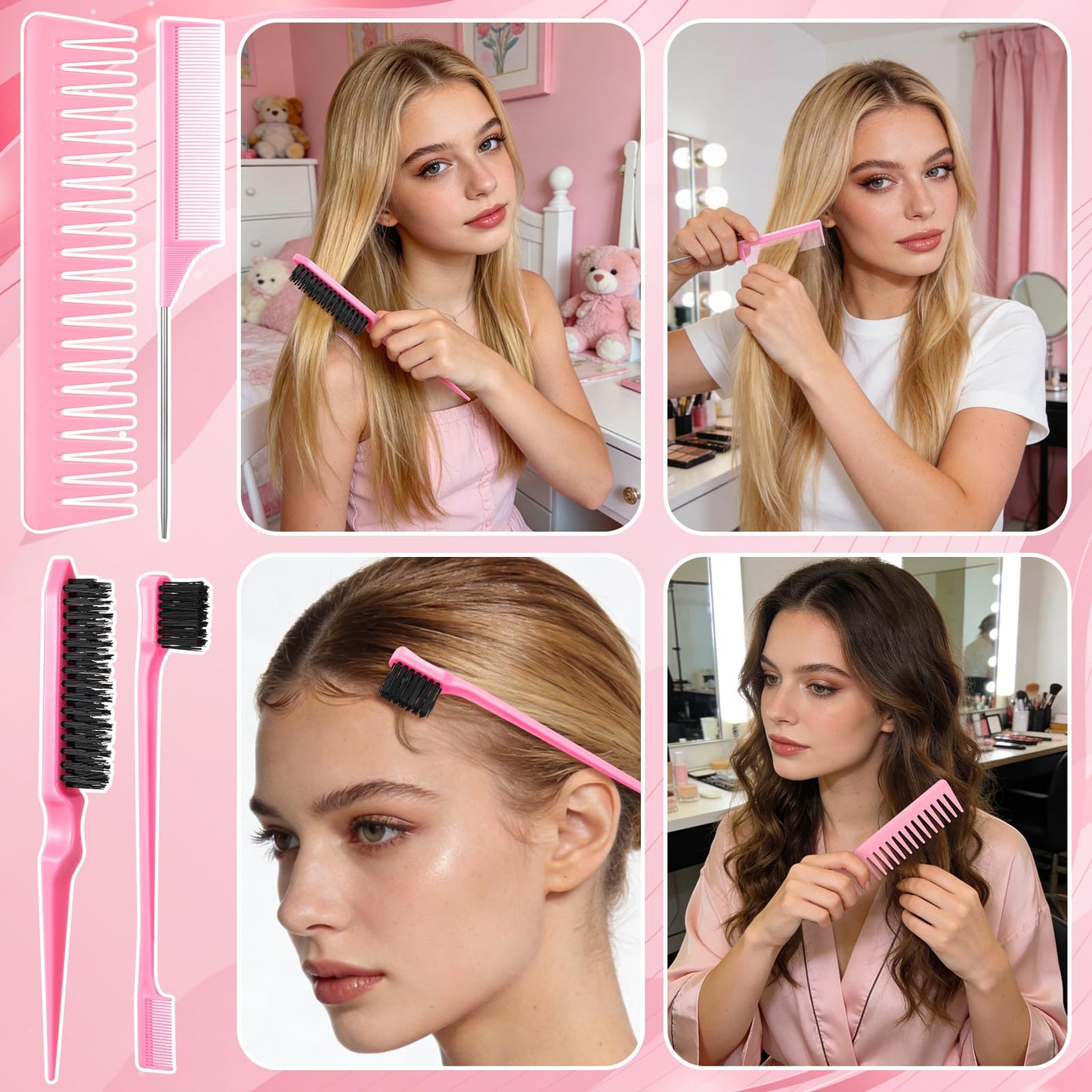 6 Pcs Boar Bristle Slick Back Hair Brush with Pink Edge Brush, Rat Tail Comb and Wide Tooth Comb for Women Men