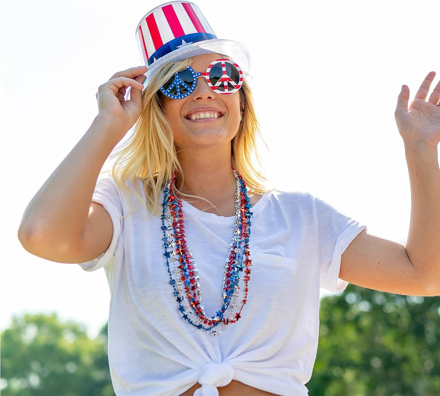 Patriotic 4th of July Necklace Set | 12PCS Red, White & Blue Beads with USA Flags for Independence Day Celebrations