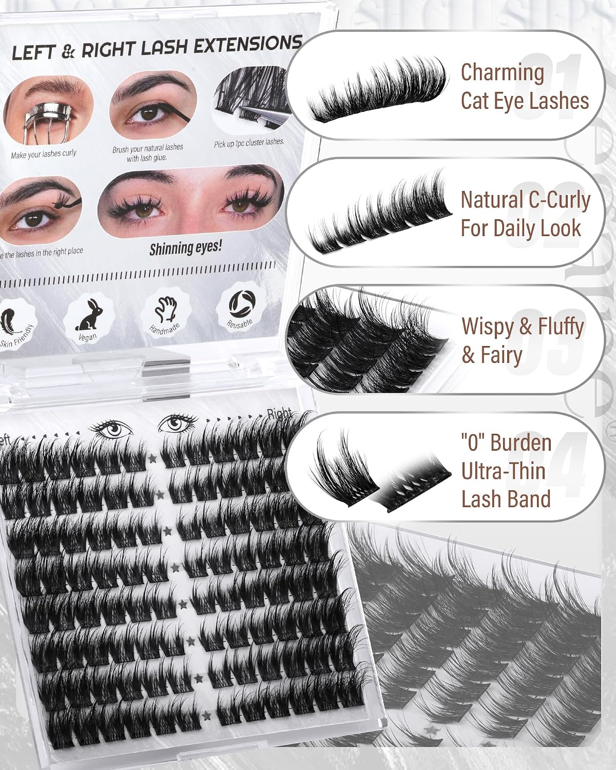 Cat Eye Lash Clusters Kit - Wispy Individual Eyelash Extensions | Pre-Mapped 10-18MM with Bond & Seal, Tweezers