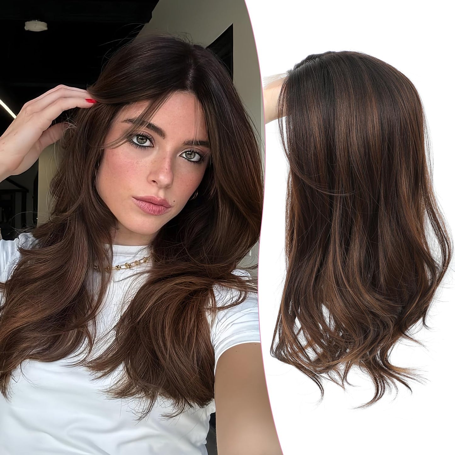 18 Inch Body Wavy Hair Topper for Women - Synthetic Clip-In, Natural Part, Dark Brown Root to Blonde Ombre with Highlights