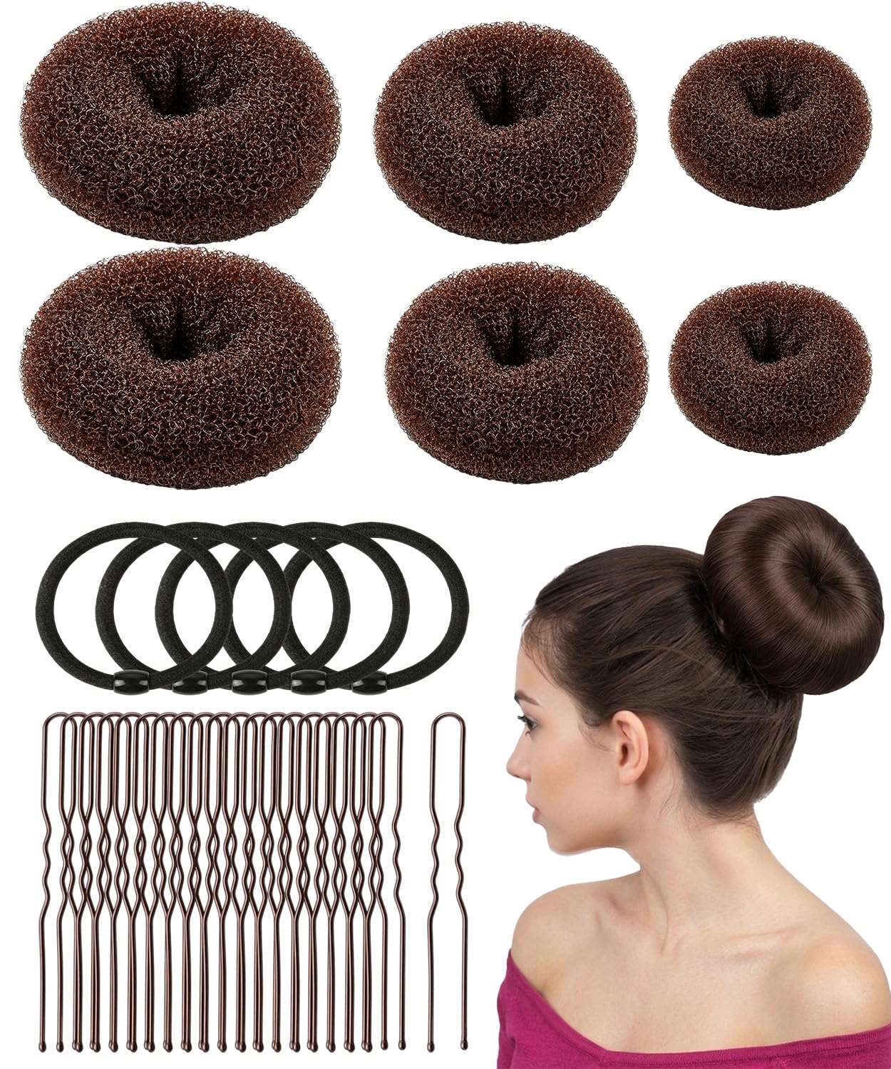 Small Hair Donut Bun Maker Set - 6 Pcs Firm Hold Chignon Ring for Thin Hair | Includes 5 Hair Ties & 20 U Pins - Beige