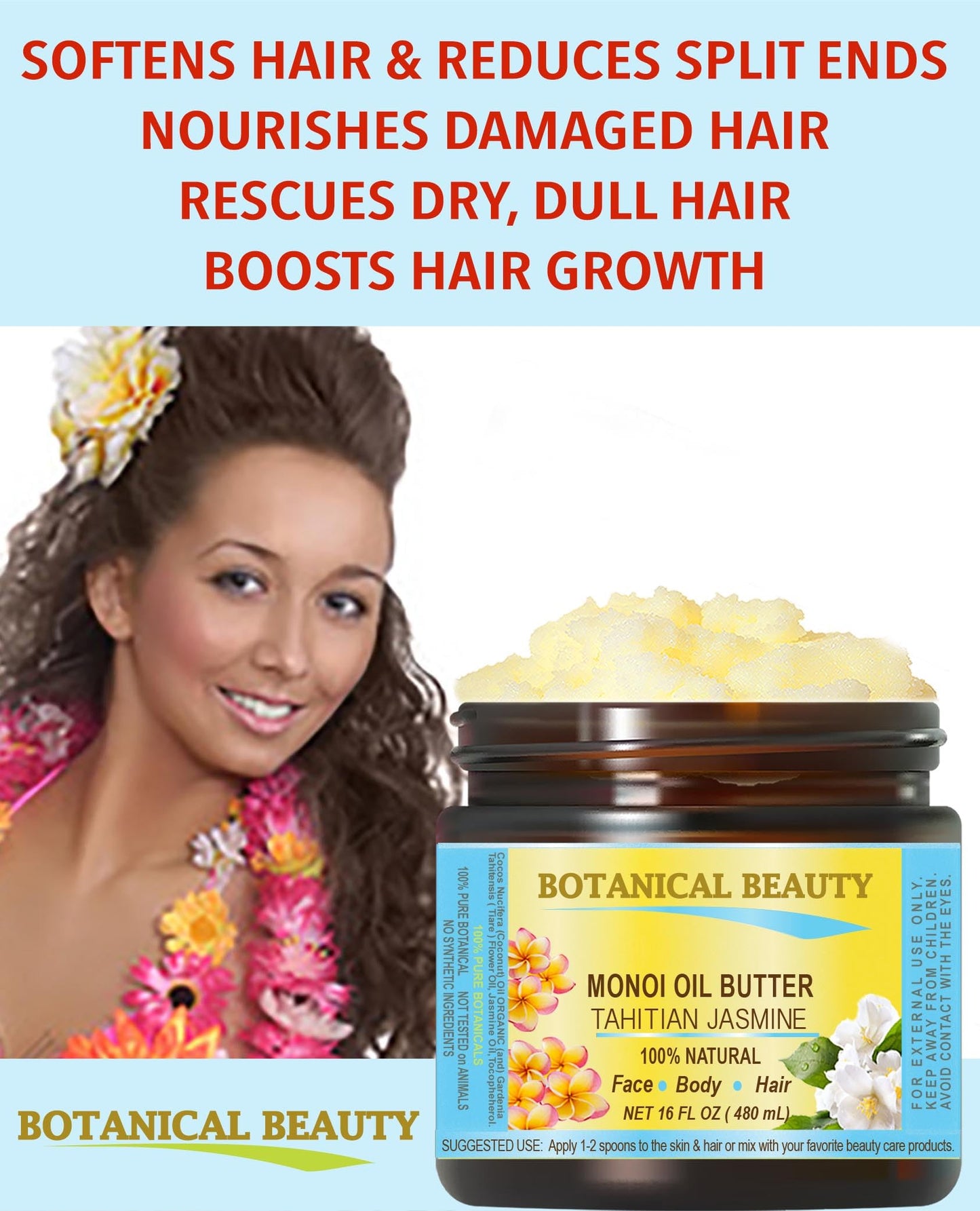 Botanical Beauty MONOI OIL BUTTER TAHITIAN JASMINE Pure Natural Virgin Unrefined RAW for FACE, SKIN, BODY, DAMAGED HAIR, NAILS (4 Fl Oz)
