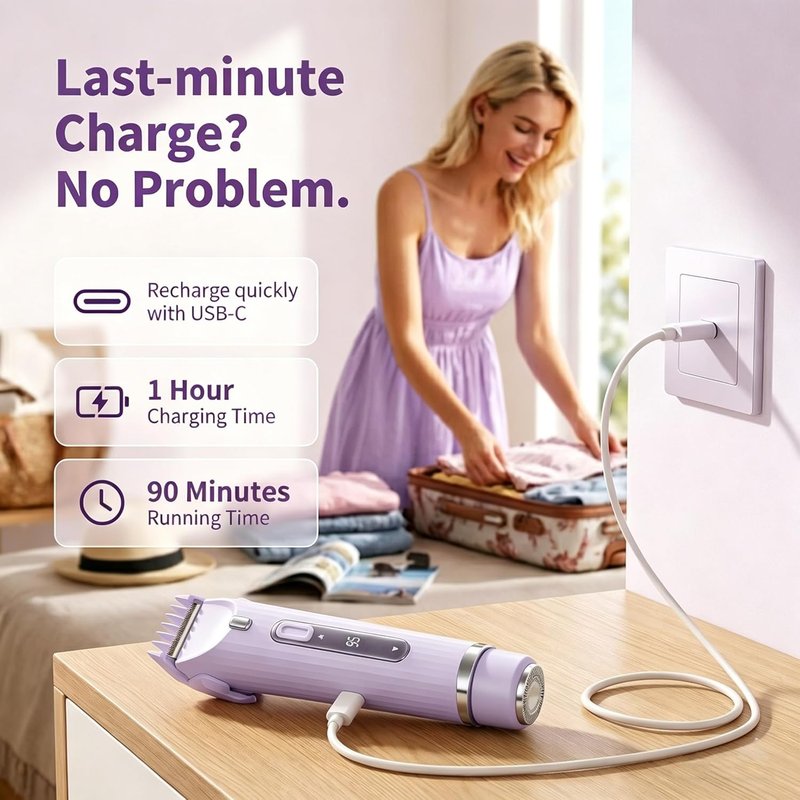 Women's Electric Shaver - 2-in-1 Bikini Trimmer with LED Light | Rechargeable Cordless Body Hair Removal for Face, Underarms, Legs - Purple
