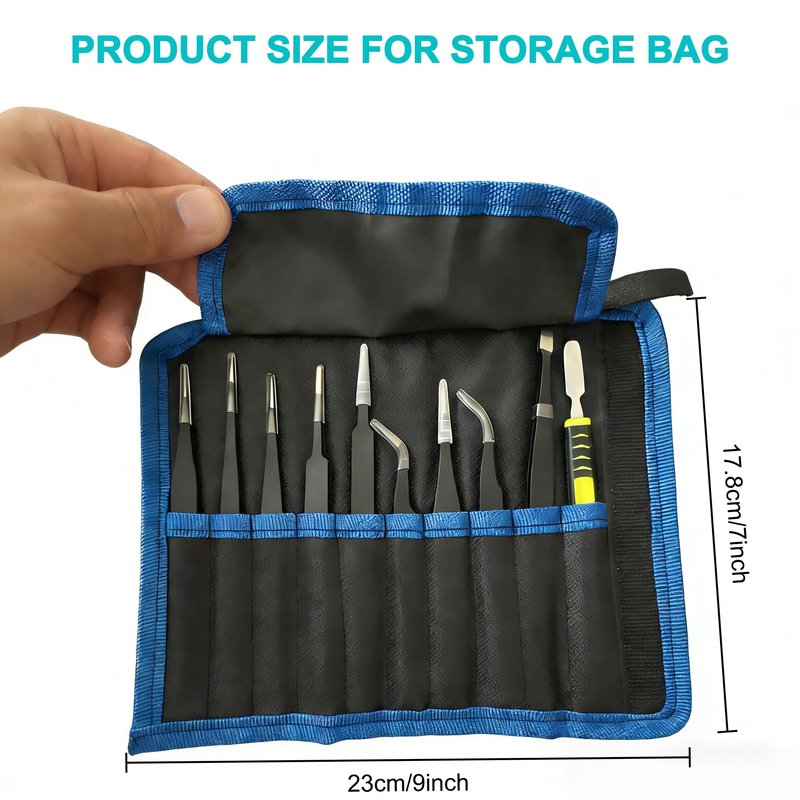 Precision Tweezers Set 10 Piece, ESD Safe Anti-Static Stainless Steel Kit with Case & Pry Tool for Electronics Repair, PCB Soldering, Jewelry Making, Watch Repair, Lab and Craft Work