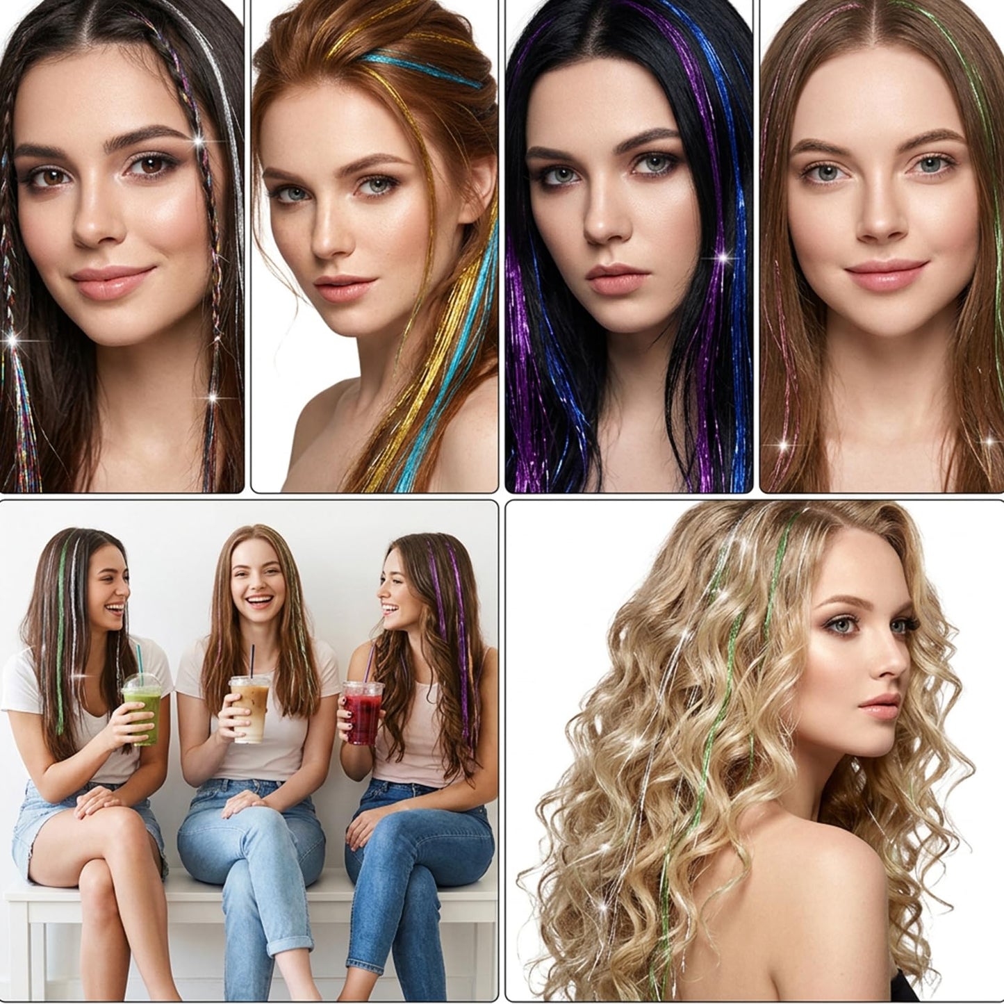 Nogeqi 8 Pcs Colored Hair Tinsel Clip Hair Extensions Glitter Fairy Hairs Tinsel Clips for Party Birthday Festival Gifts, 18.9 Inch
