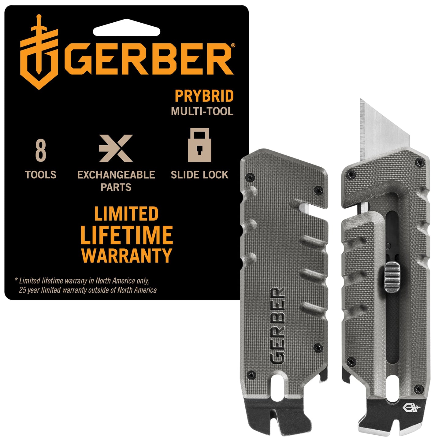 Gerber Gear Prybrid Multi Tool Utility Pocket Knife, Utility EDC Razor Knife with Retractable Box Cutter Blade and Pry Bar, Grey G10 no Clip