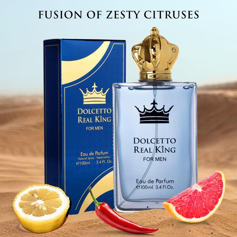 Dolcetto Real King Eau De Parfum for Men woody & Aromatic Fragrance - Citrus Notes & Pimento Essence with Masculine Base - Blend of Spicy Pepper, French Lavender & Haitian Vetiver - 100ml Bottle