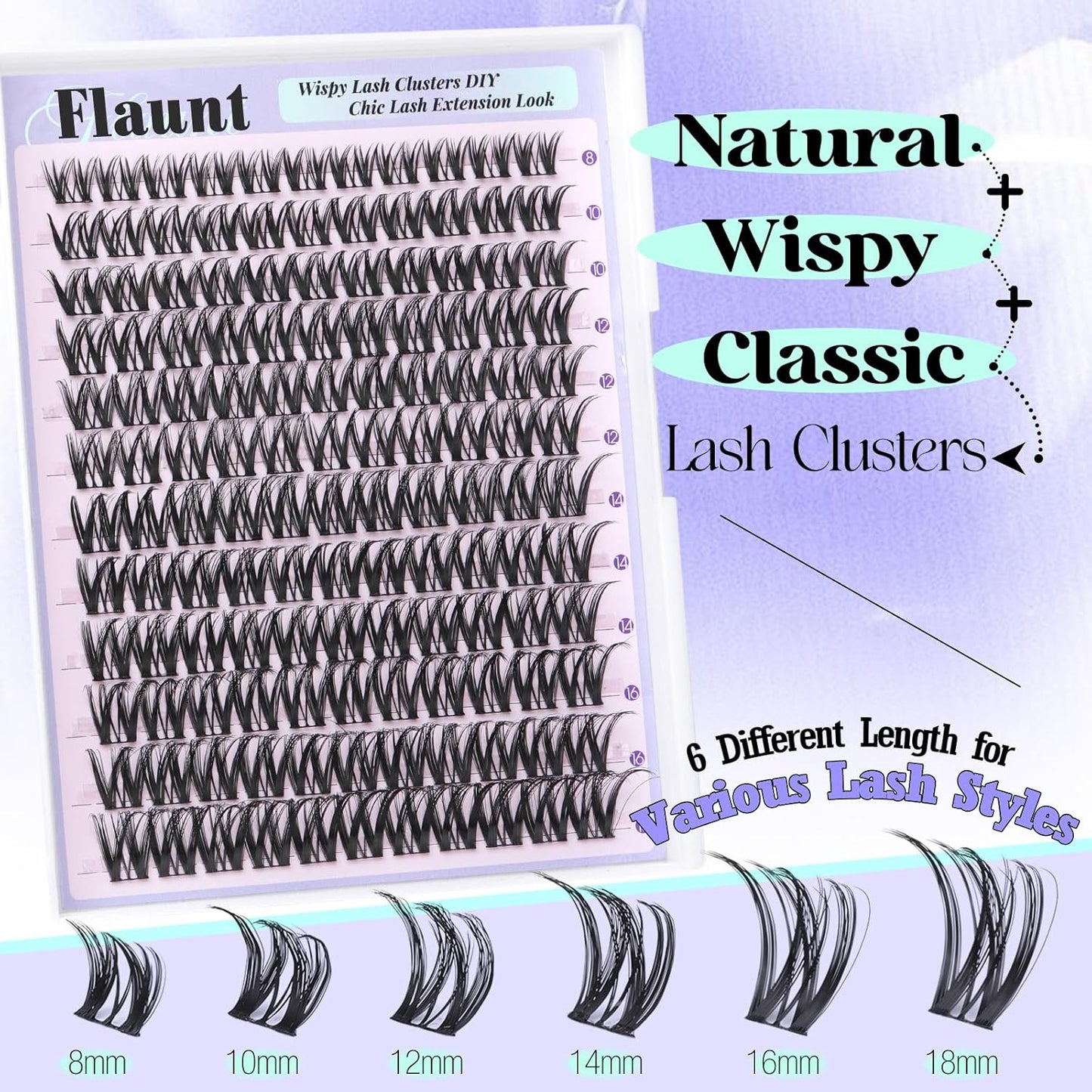 Flaunt Lash Clusters - Wispy Eyelash Extensions 8-18mm | C Curl, 144pcs Waterproof Individual Lashes