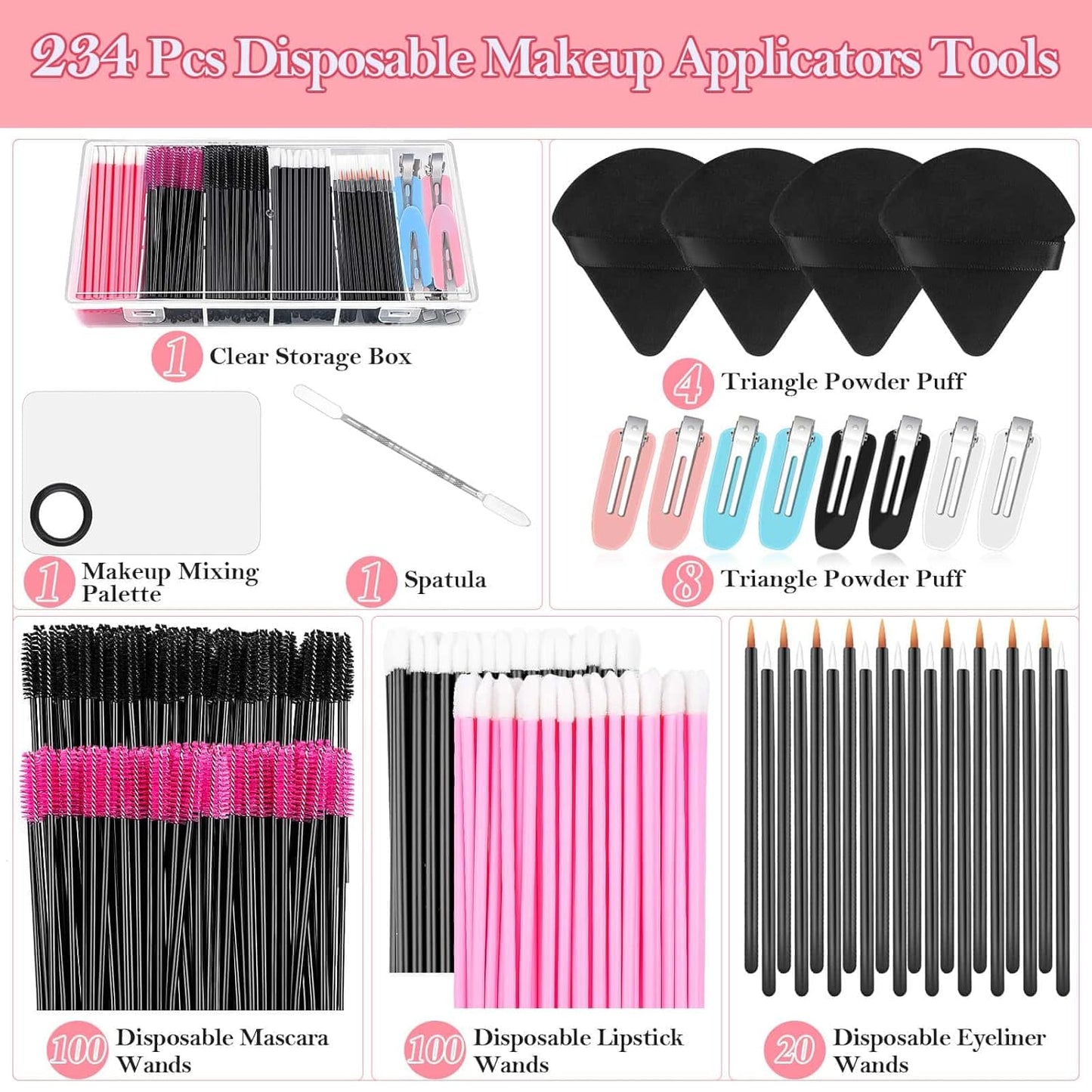 Disposable Makeup Applicators Kit - Triangle Puff, Mascara Wands, Lip Brushes & Hair Clips | Complete Artist Supplies Set
