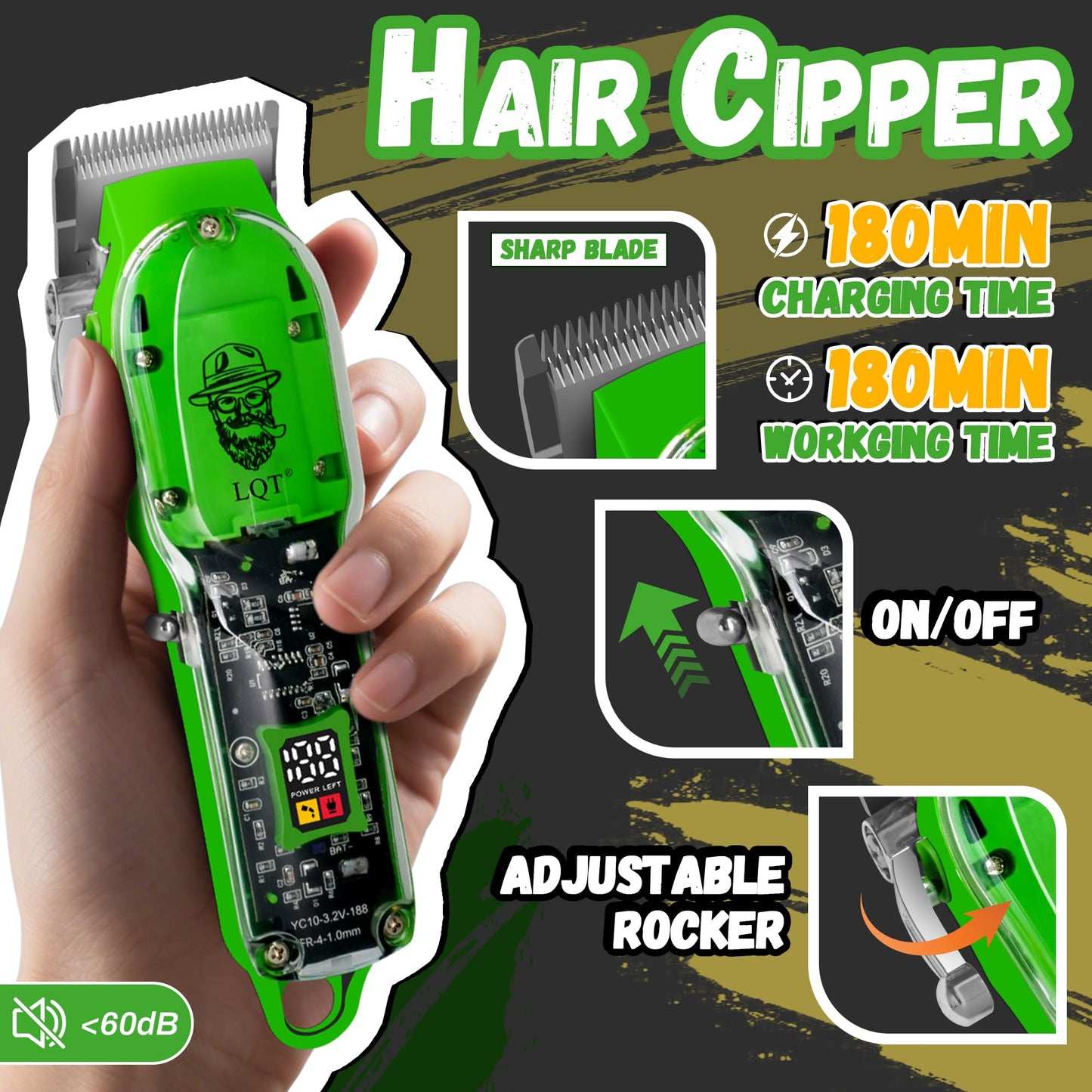 LQT Professional Cordless Hair Clippers and Beard Trimmer Kit for Men, USB Rechargeable Hair Cutting Machine with 3D Floating Shaver, LED Display, Transparent Design, Grooming Gift Set, Home & Barber
