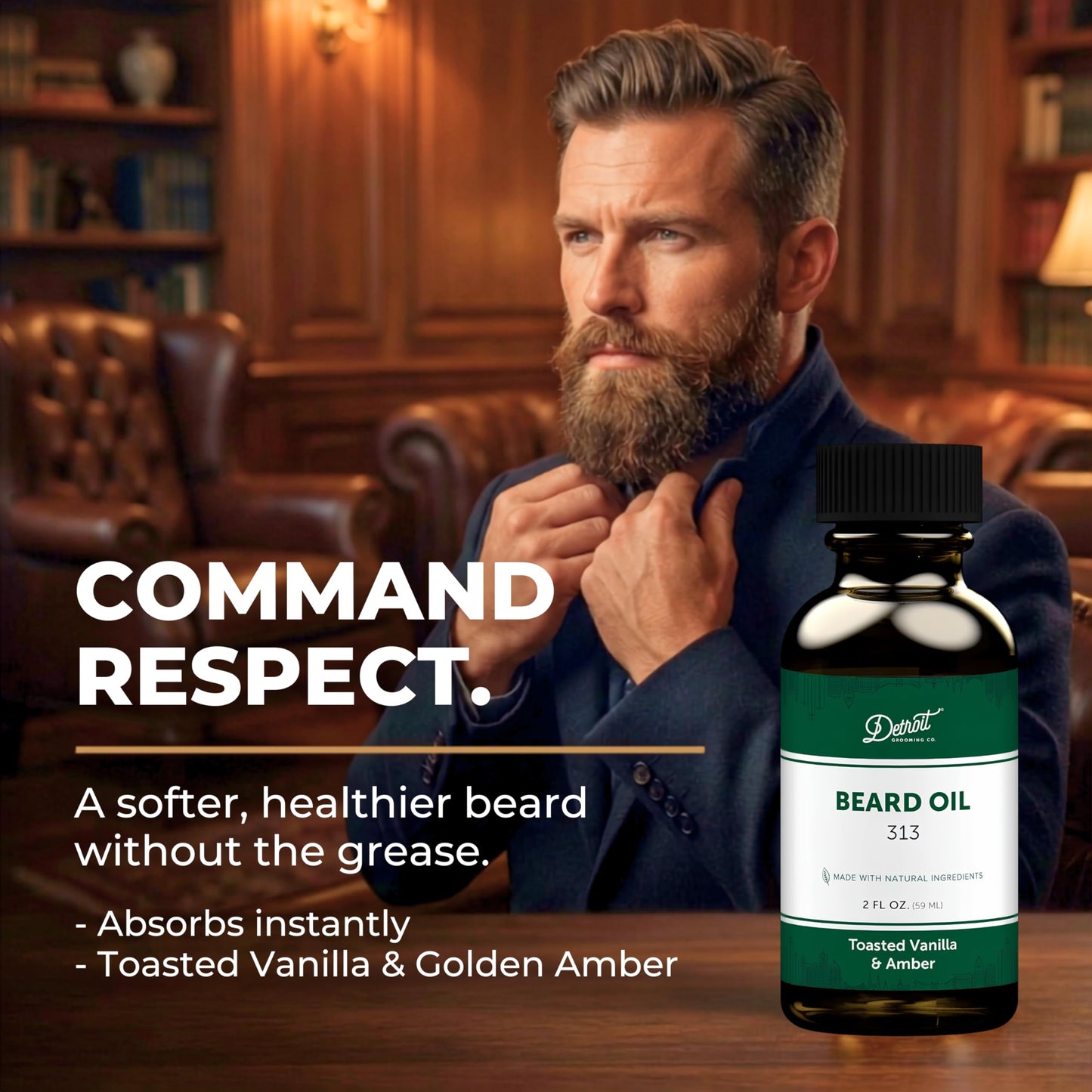Detroit Grooming Co. Beard Oil (2oz) - Toasted Vanilla & Amber - Premium Nourishing Formula with Sweet Almond Oil & Vitamin E - Men's Beard Softener & Moisturizer - Double Size