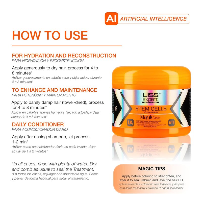 Liss Expert Professional Stem Cells Smoothing Treatment - Frizz-Free Organic Keratin & Argan Oil | Shampoo, Conditioner & Magic Ai Mask