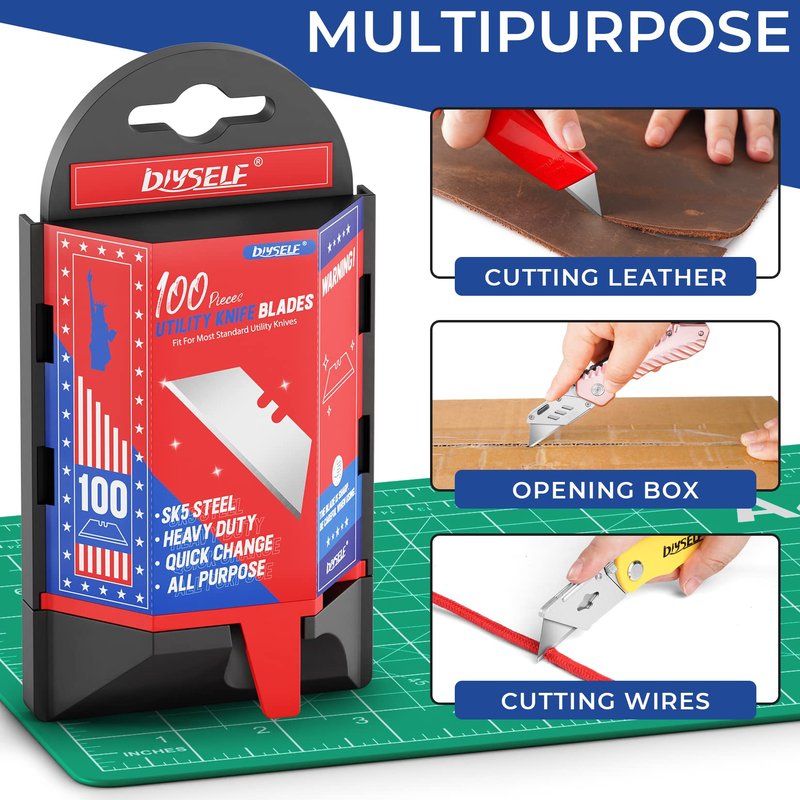 DIYSELF Utility Knife Blades 100 Pack, Box Cutter Blades Refills with Dispenser, Razor Blades Utility Knife Replacement Blade for Box Cutter, Razor Knife Blade