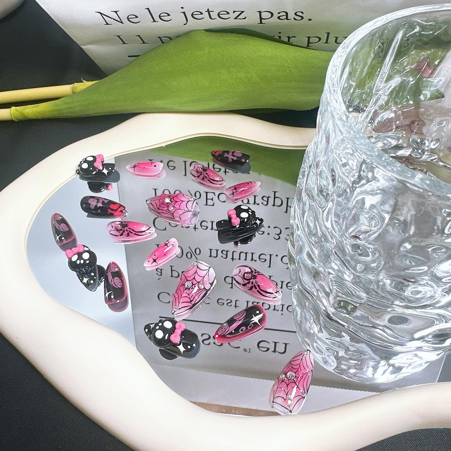 30Pcs Halloween Press-On Nails - Medium Almond Acrylic Nails with Skull Rhinestones & Spider Web Design | Pink Ghost Full Cover Tips
