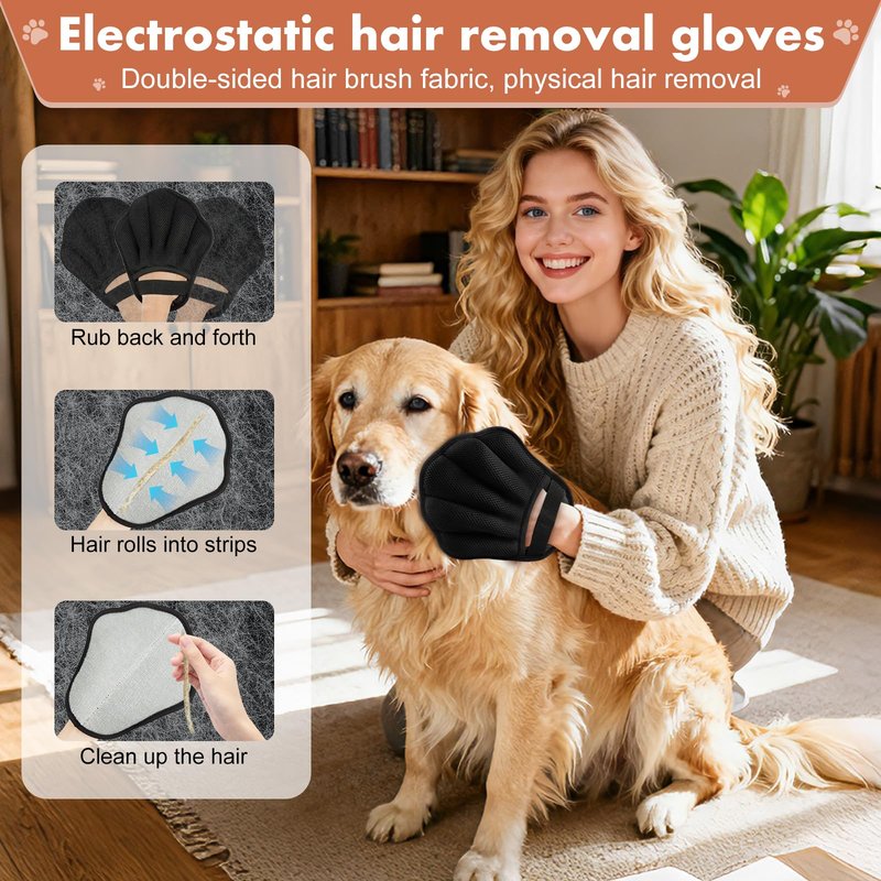 Palirs Pet Hair Removal Glove, Electrostatic Pet Hair Remover Glove for Cats & Dogs, Pet Hair Remover Tool for Laundry, Couch, Carpet, Car Seat - Upgraded Five-Finger, Reusable, Black+Black