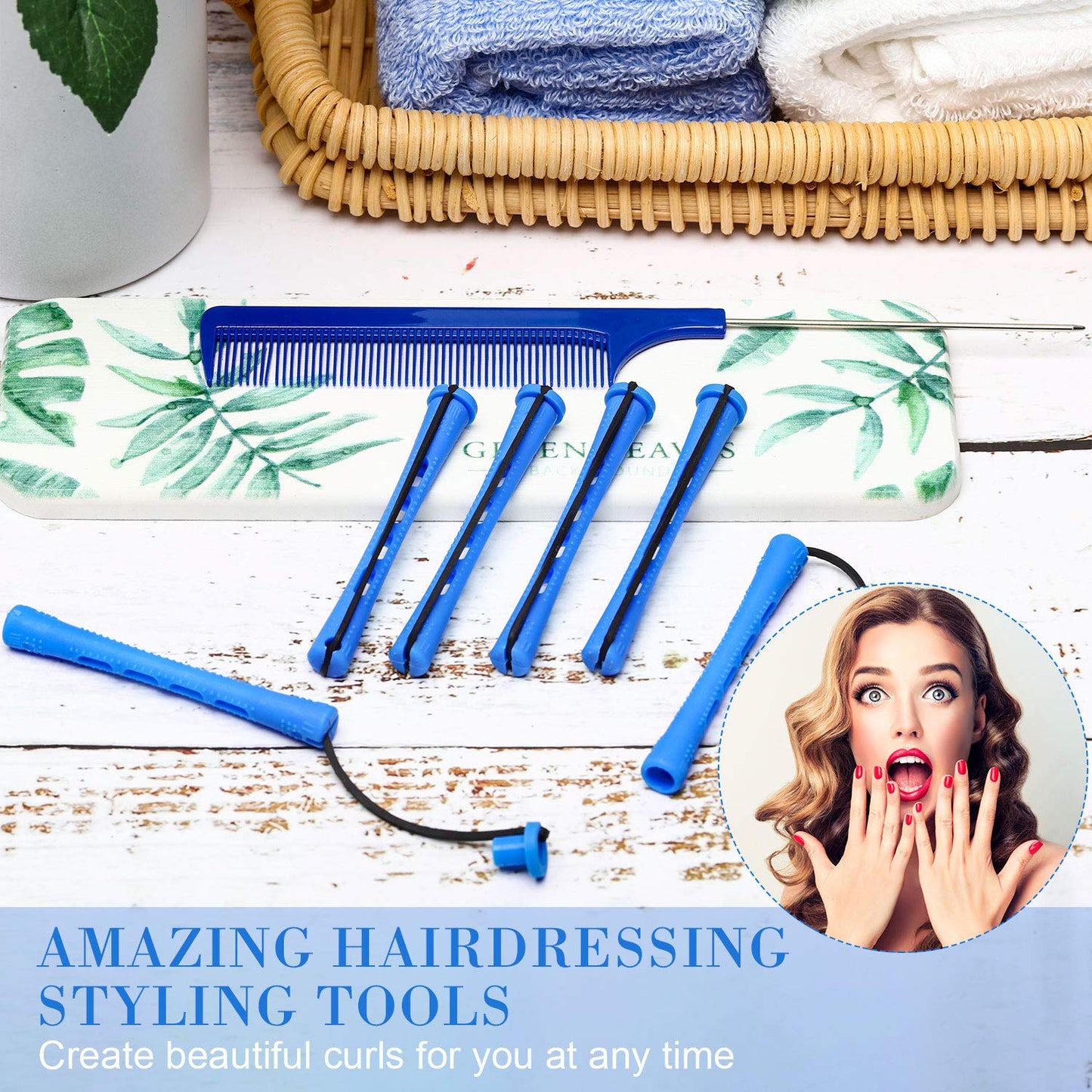Cold Wave Plastic Curlers - 48 Pieces Hairdressing Set with Steel Pintail Comb | Blue, 0.35 Inch