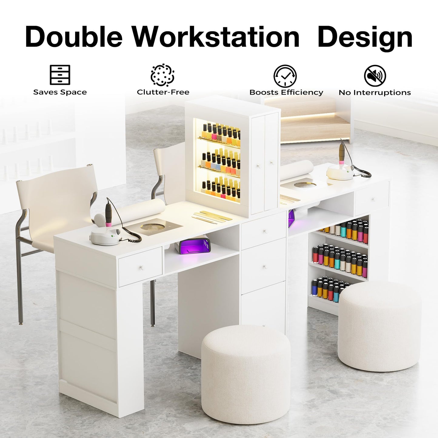 Kikihouse Double Manicure Table 76.5" Wide, 2 Person Nail Desk w/LED Light & Dust Collector, Professional Salon Workstation w/Storage Drawers, Hand Rest, for Nail Techs Beauty Salon