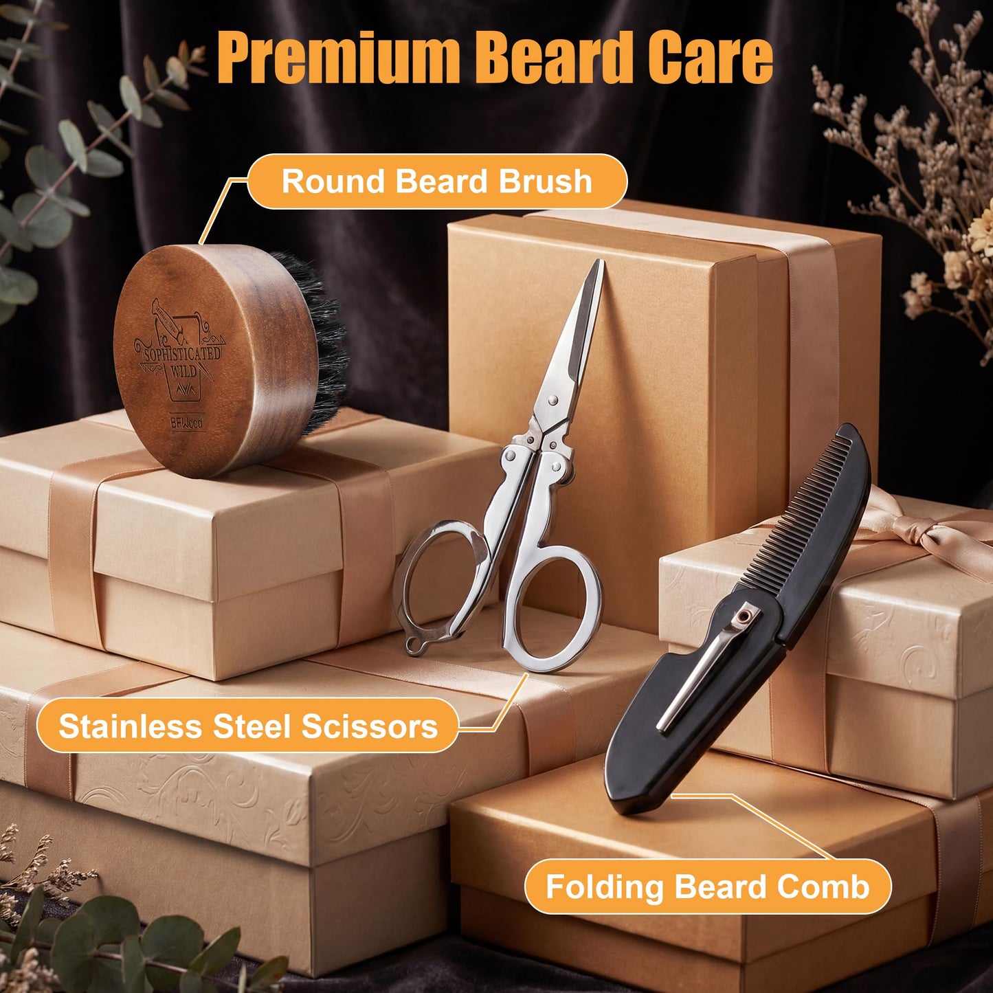 BFWood Beard Brush for Men - Natural Round Boar Bristles Brush Comb Set with Walnut Wood, Foldable Mustache Comb and Trimming Sissors, Small Beard Brush Grooming Mustaches Kit for Travel