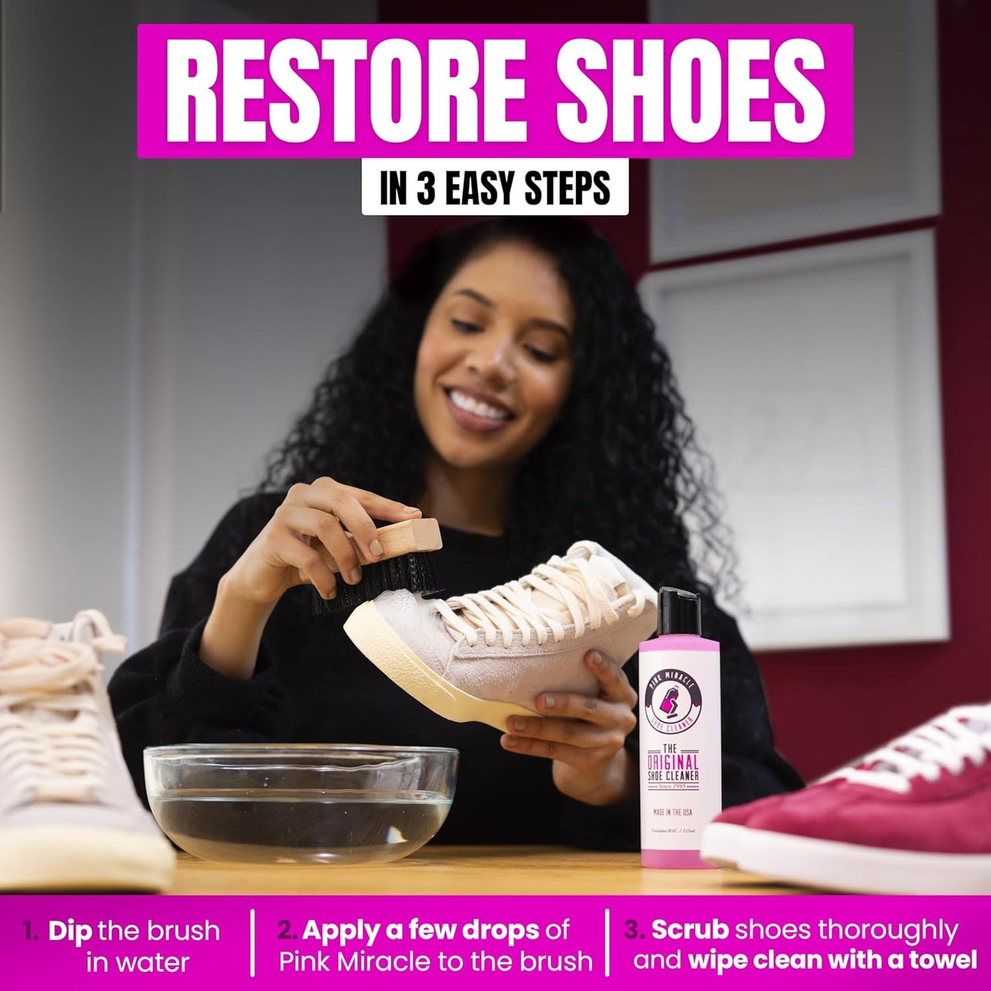Miracle Shoe Cleaner Kit - Pink Fabric & Leather Cleaner with Brush for Sneakers | Suede, Nubuck, Whites