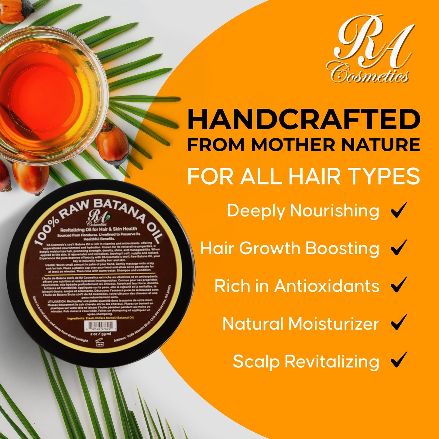 RA COSMETICS Batana Oil for Hair Growth – Dr Sebi 100% Raw Batana Oil Paste from Honduras, Unrefined Cold Pressed, Supports Thicker, Stronger and Healthy Hair, Nourishes and Moisturizes Scalp – 2 oz