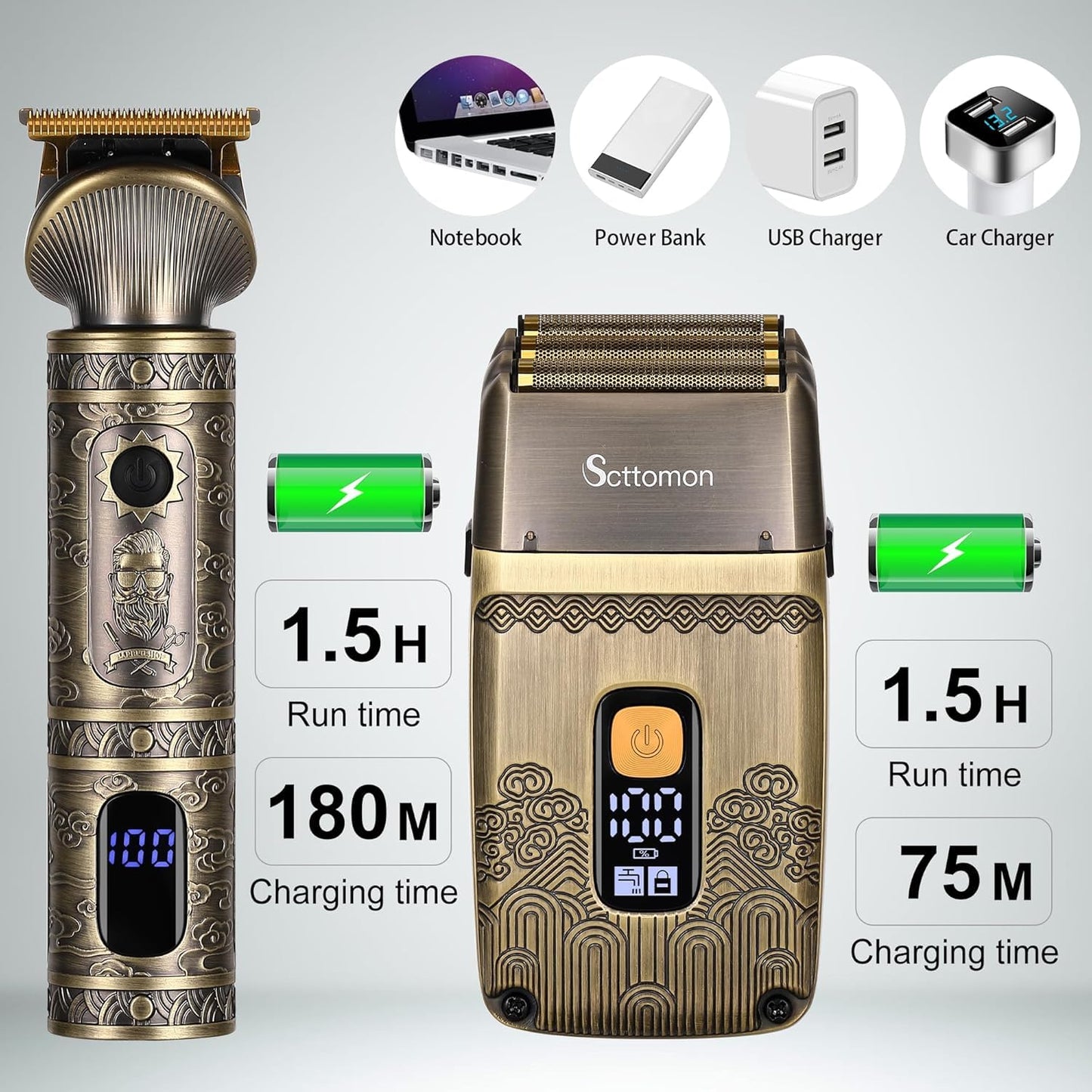 Scttomon T-Blade Hair Trimmers & Electric Shavers for Men Foil Shaver Beard Trimmer Men's Grooming Kit with Triple Blades Cordless