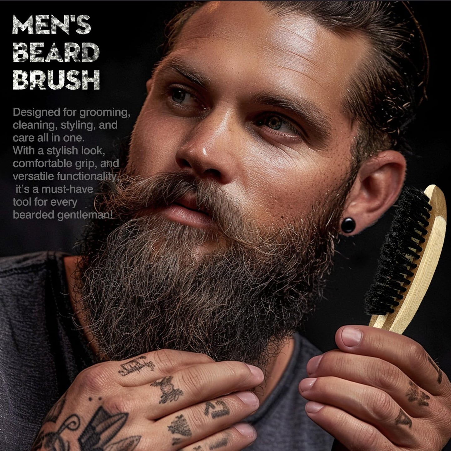 Beard Brush for Men – Ergonomic Curved Design for Beard & Mustache Grooming and Styling – Promotes Beard Growth – Portable and Travel-Friendly