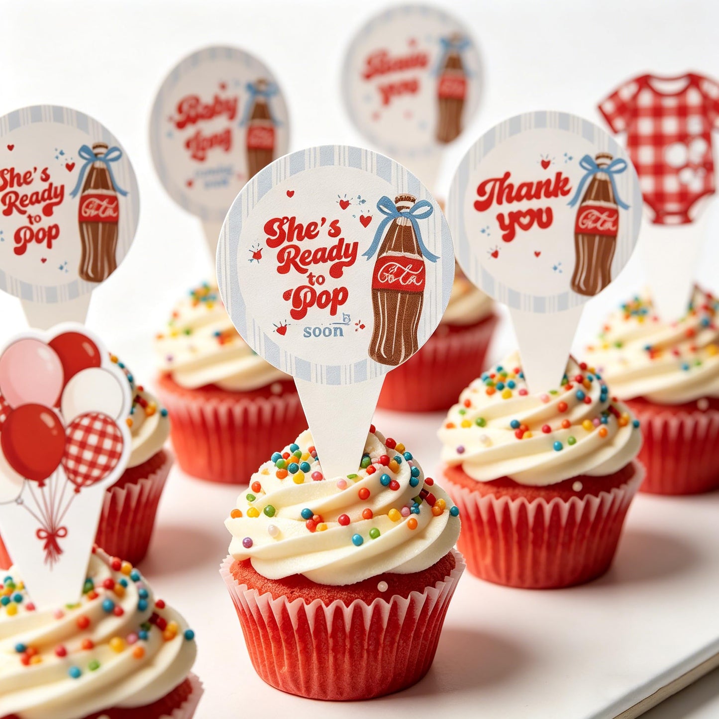 24PCS She's Ready to Pop Cupcake Toppers, Baby Shower Decorations Soda Theme, She's About to Pop Party Supplies for Gender Reveal Newborn