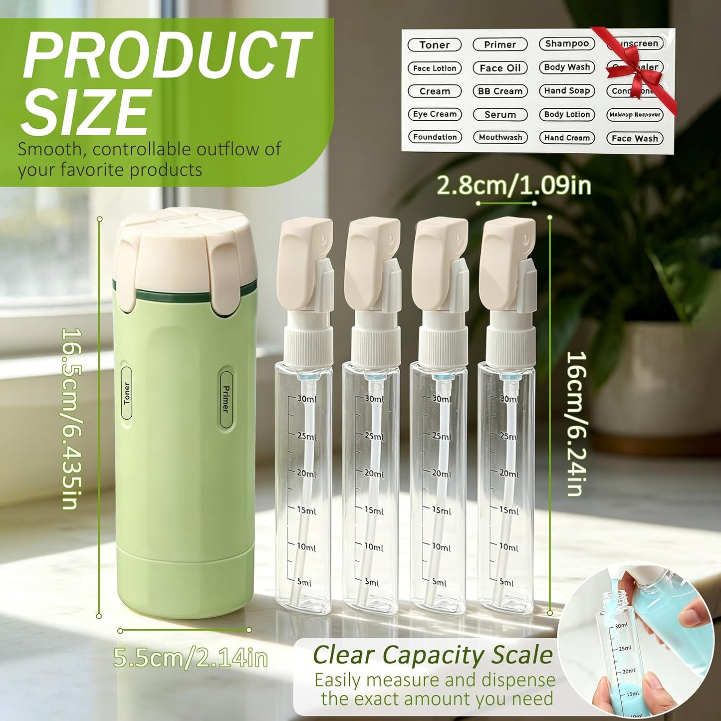 Travel Dispenser Bottle - 4 in 1 Leakproof TSA Approved Hard-Shell | Rotatable Cosmetic & Shampoo Container (Green)