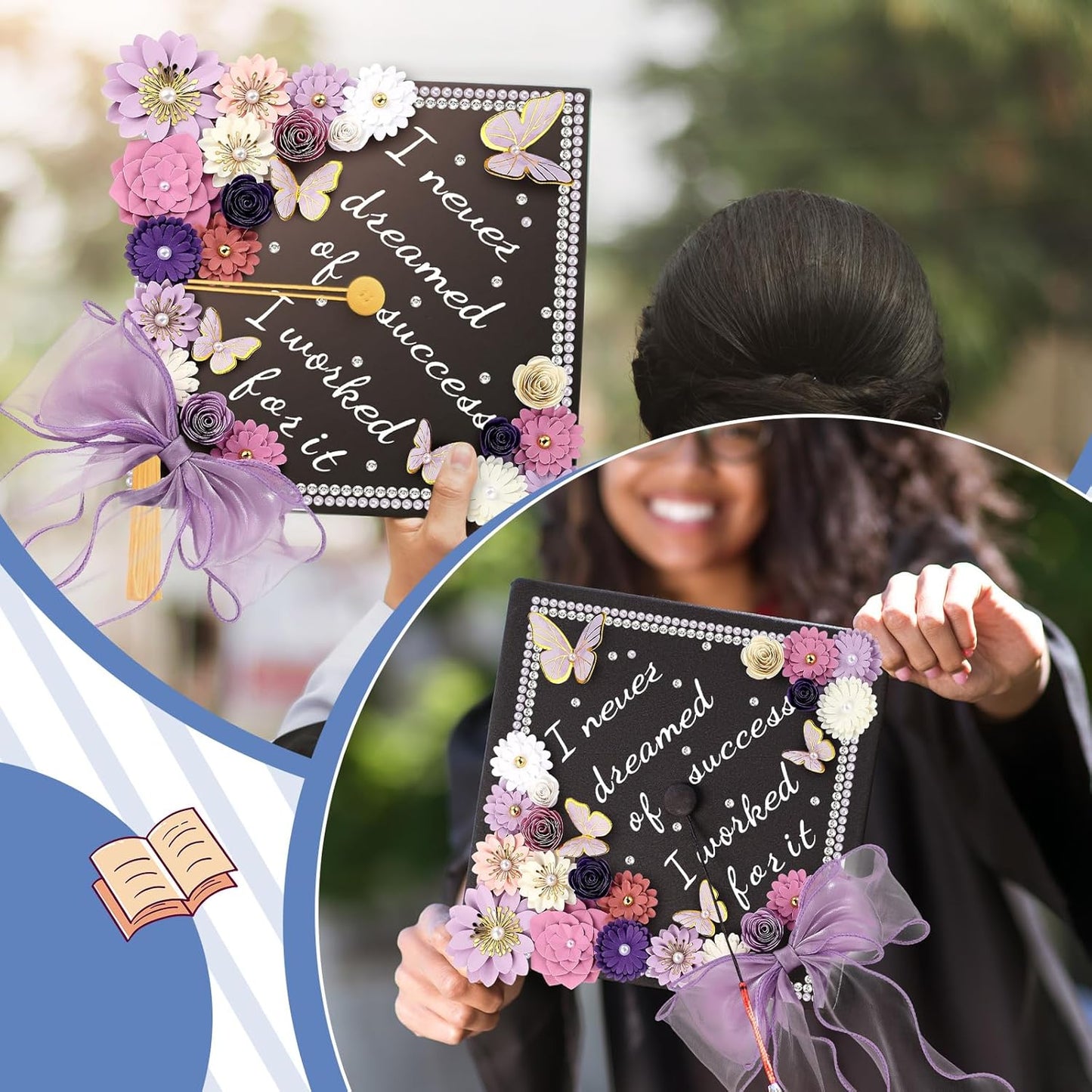 DIY Graduation Cap Decorations Kit - 46 Pcs with Paper Flowers, 3D Butterflies, Rhinestones & Ribbon Bow | Purple