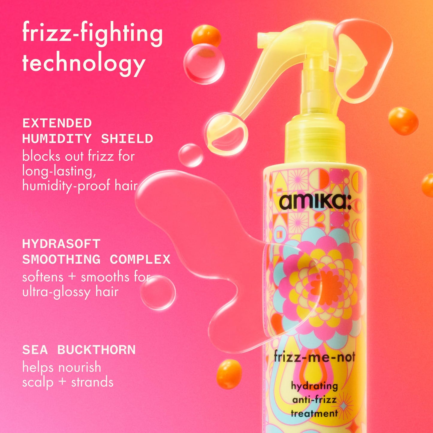 amika frizz-me-not hydrating anti-frizz treatment, 60ml | lightweight hydrating spray for medium to thick coarse hair types 2a-4c, humidity + heat protection, smooth frizz for up to 72 hours