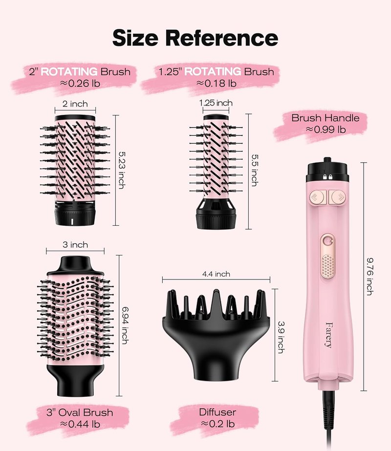 Farery Rotating Hot Air Brush Set - 1000W 4-in-1 Blow Dryer Brush for Volume, Smooth & Curl | Ideal for Fine to Medium-Thick Hair, Pink