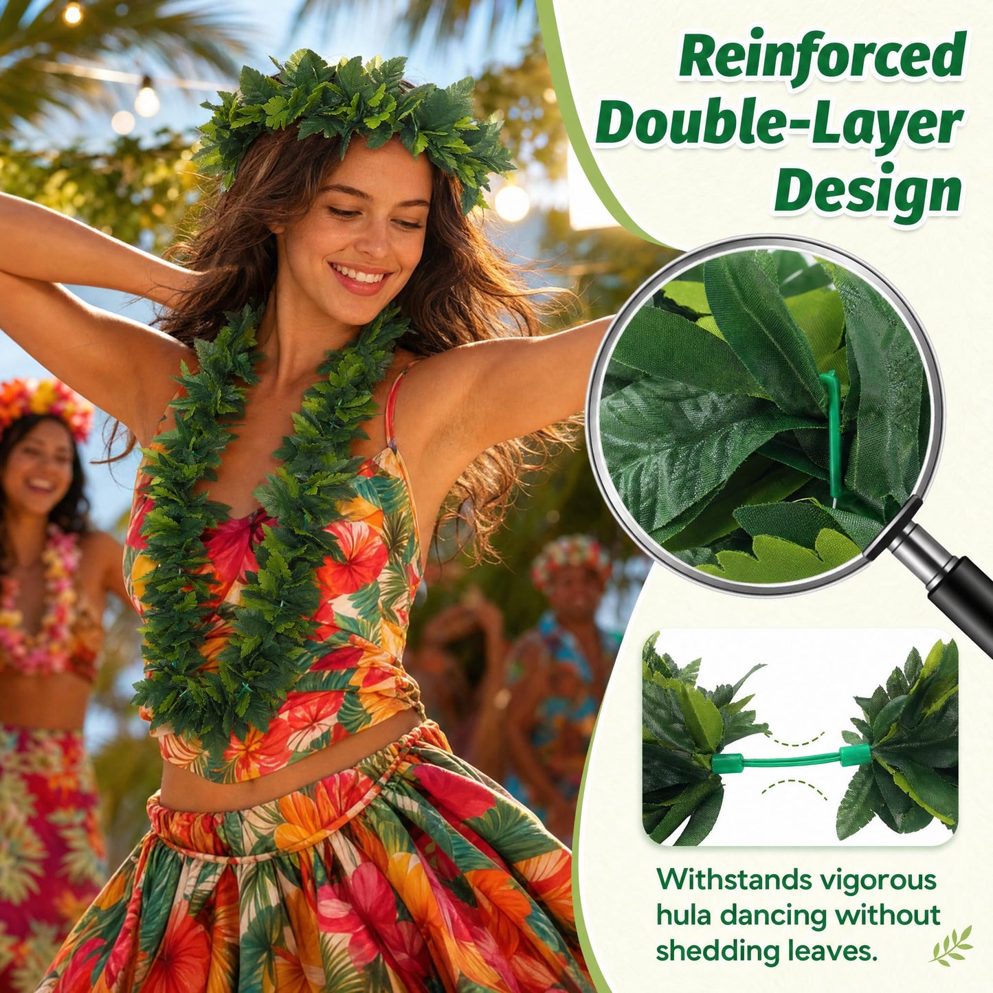 Housoutil Hawaiian Green Leaf Leis Set, Green Hawaiian Party Garland, Tropical Hula Dance Accessories, Artificial Foliage Necklace Headband Wristbands, Summer Beach Jungle Hula Costume for Party