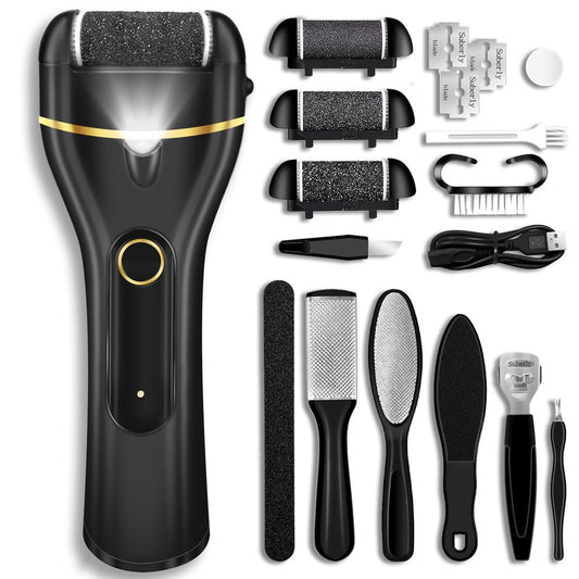Jamestry Callus Remover for Feet, Electric Foot Callus Remover Waterproof with 3 Rollers 2 Speed Battery Display,17 in1 Rechargeable Foot File Pedicure Kits for Dead Hard Cracked Dry Skin