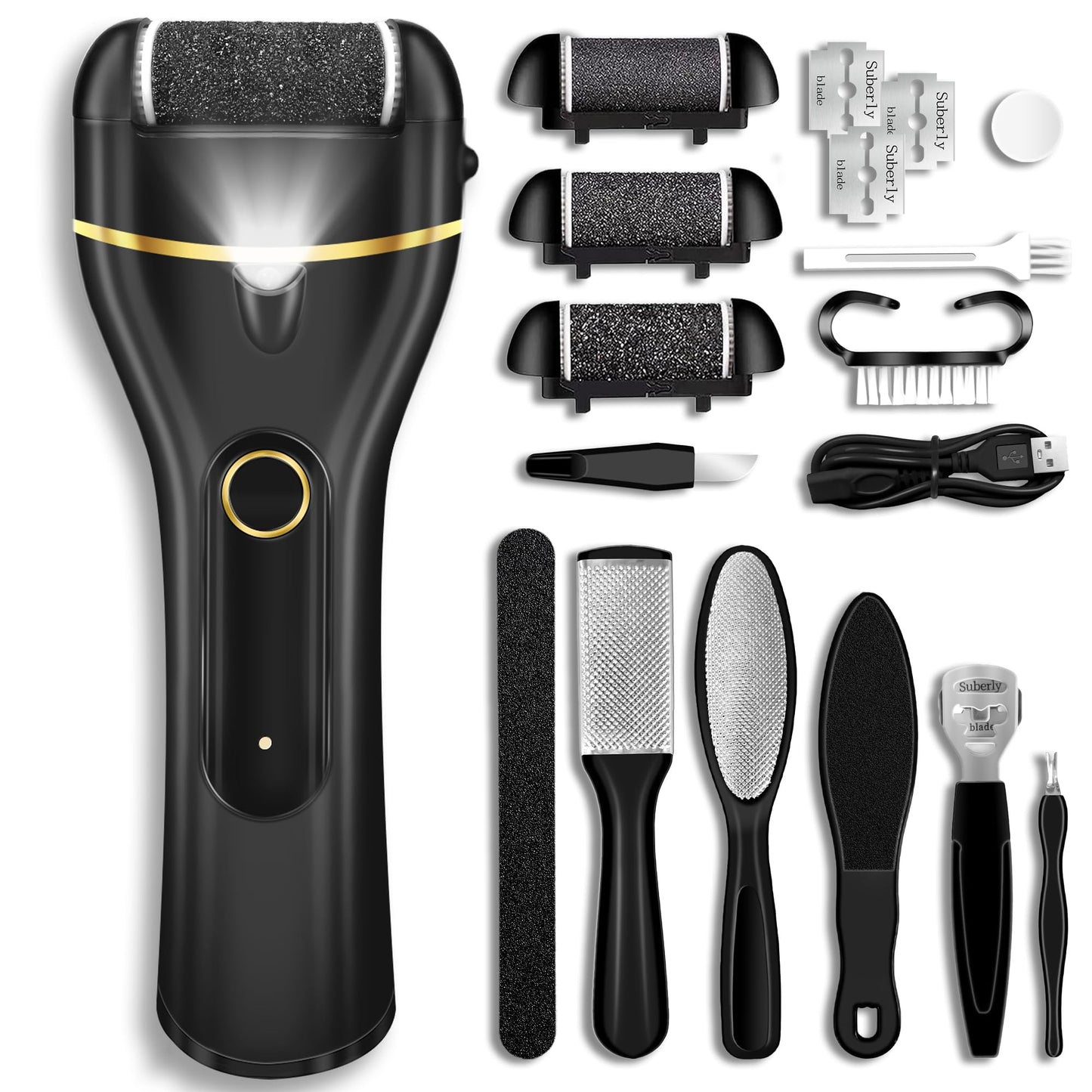 Jamestry Callus Remover for Feet, Electric Foot Callus Remover Waterproof with 3 Rollers 2 Speed Battery Display,17 in1 Rechargeable Foot File Pedicure Kits for Dead Hard Cracked Dry Skin
