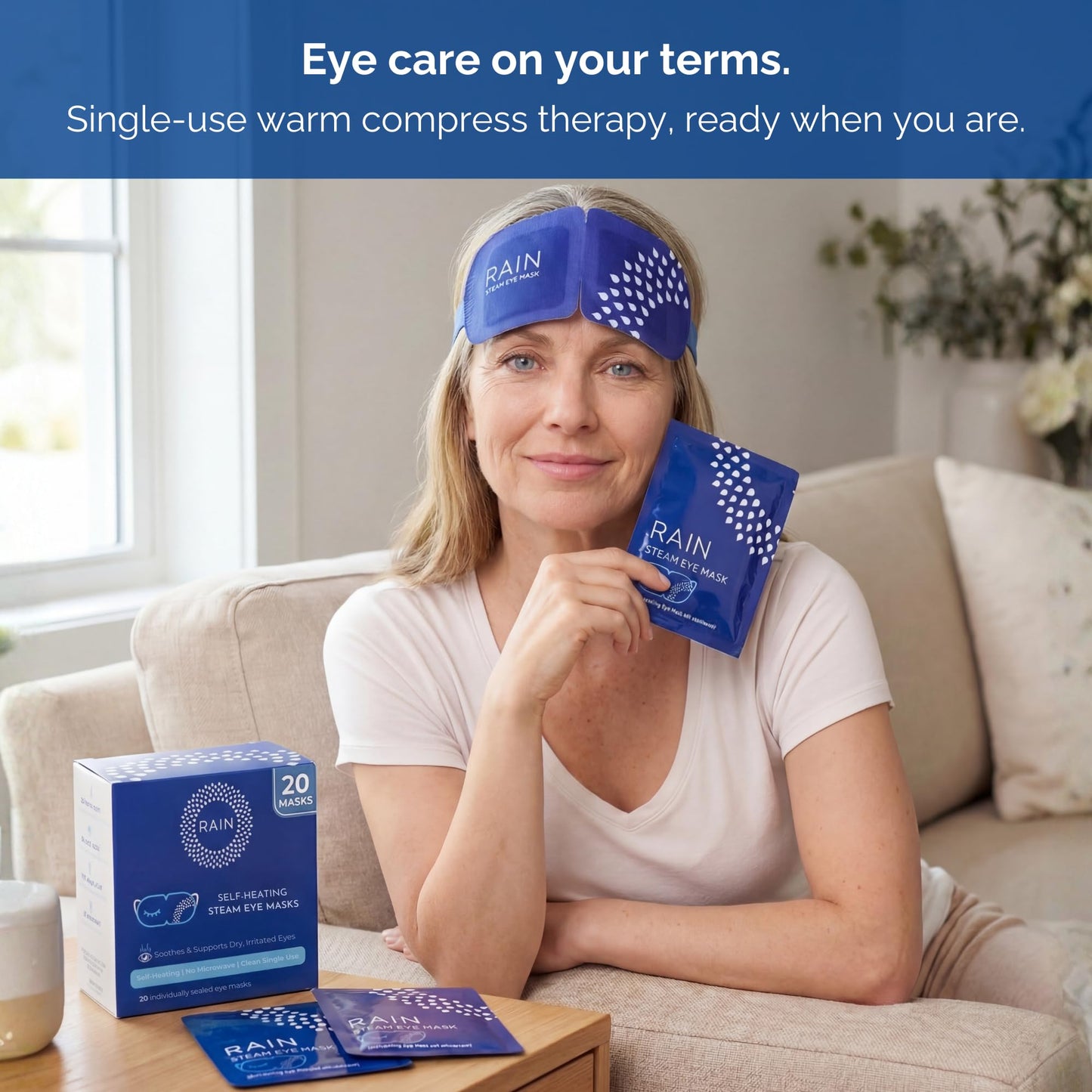 Rain - Heated Eye Mask for Dry Eyes, Self Heating Steam Eye Masks Disposable, Warm Compress for Eyes, Stye Treatment, Moist Heat, Unscented, No Microwave, Travel Ready (20 Masks)