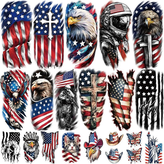 Independence Day Temporary Tattoos - USA Flag Waterproof Fake Tattoos | 77 Sheets for 4th of July, Memorial Day & Veterans Day