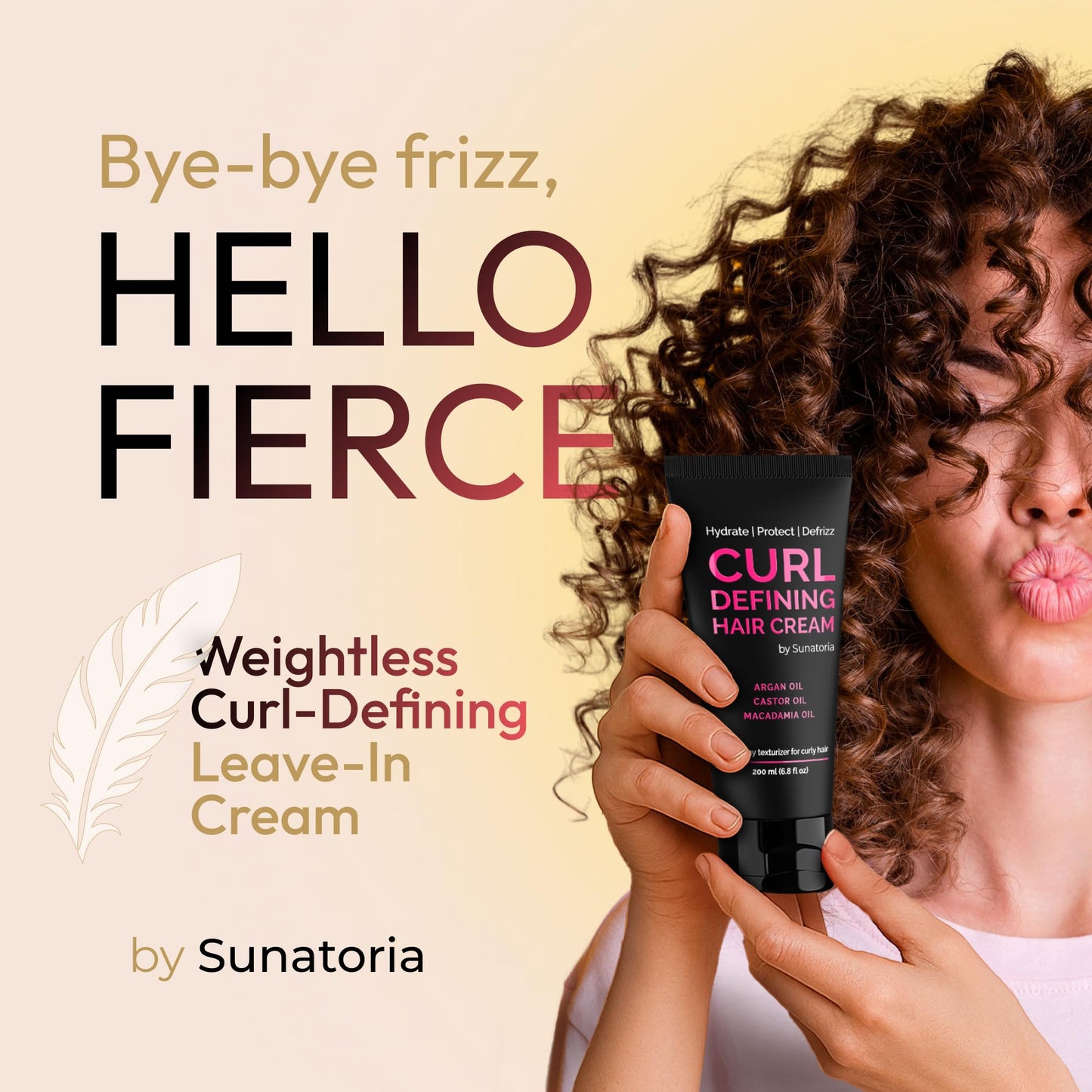 SUNATORIA Curl Cream — Lightweight Anti-Frizz Curl Defining Cream for Curly & Wavy Hair, Hydrating Leave-In Styling with Macadamia, Argan & Castor Oil, Vegan, Crema para Rizos, 6.8 fl oz