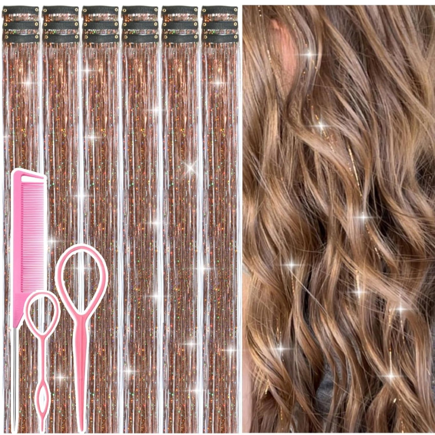Hair Tinsel Kit - 12 Pcs 24 Inch Gold Glitter Clip-In Hair Extensions for Girls & Women | Perfect for Christmas & New Year Parties
