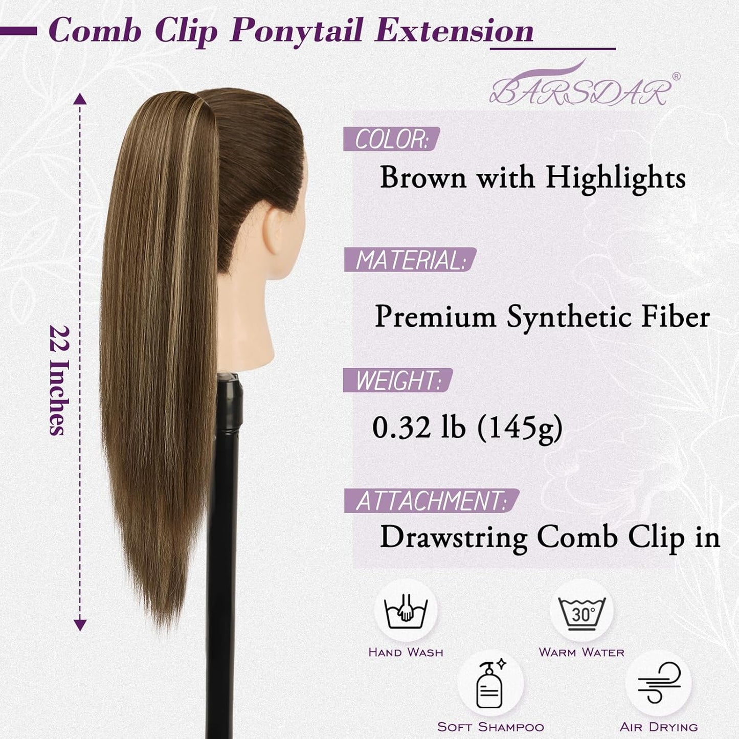 Straight Drawstring Ponytail Extension - 22 Inch Natural-Looking Layered Soft Synthetic Hairpiece | Brown with Blonde Highlights