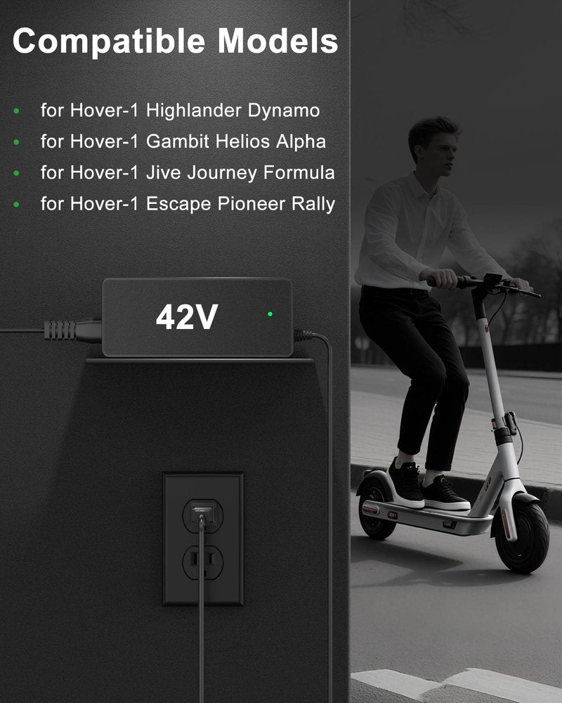 VHBW 42V 2A Electric Scooter Charger, Compatible with Hover-1 36V Battery Scooters (Highlander, Dynamo, Gambit, Helios & More), 5.5×2.5mm DC Round Plug, Not Compatible with 29.4V or 3-Prong/XLR Models