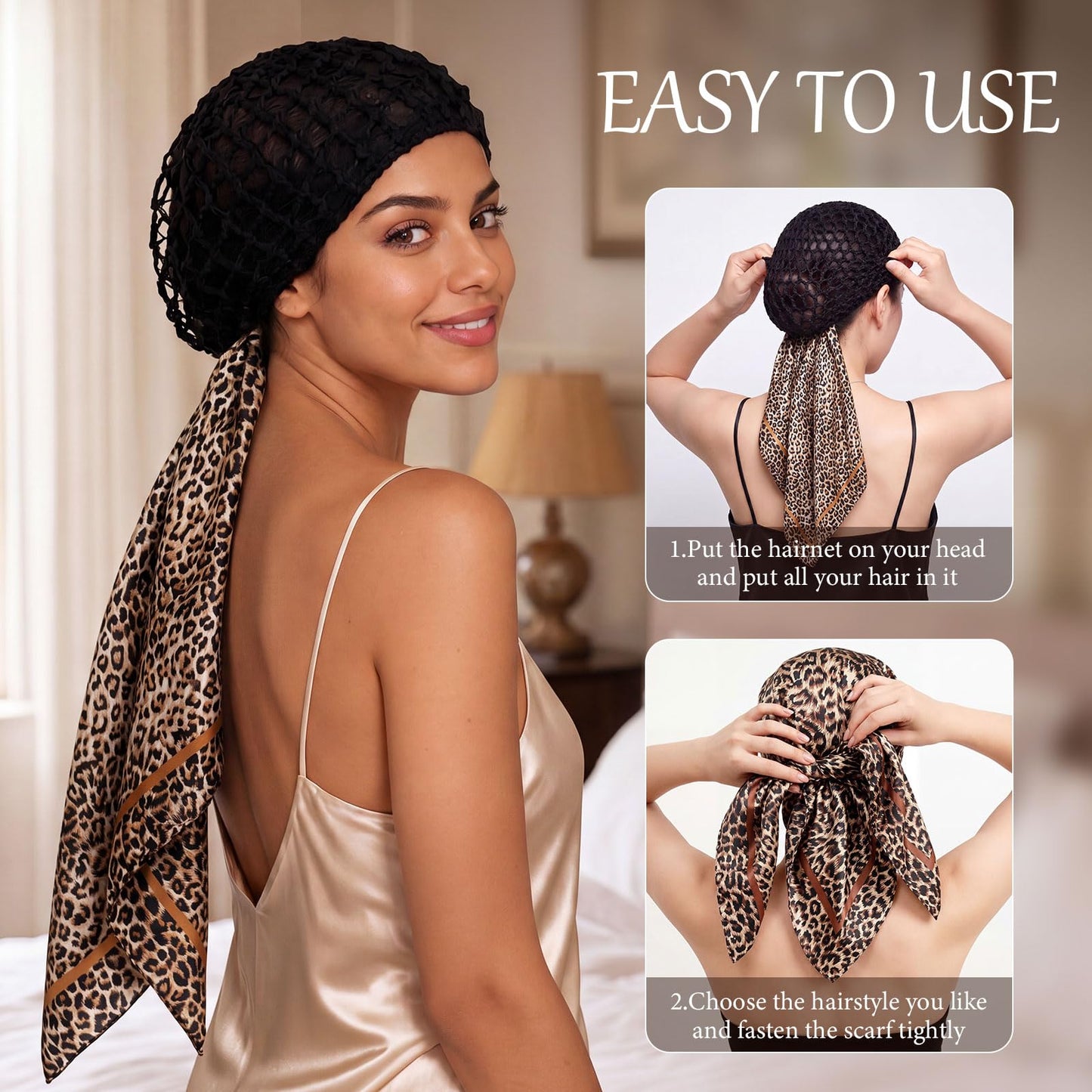 Funnysoft 4 Pack Wrap Cap Hair Net with Scarf 2 in 1 Heatless Satin Silk Press Doobie Hair Wrap Cap Non-slip Soft Mesh Bonnet for Sleeping Scarf Shower Caps