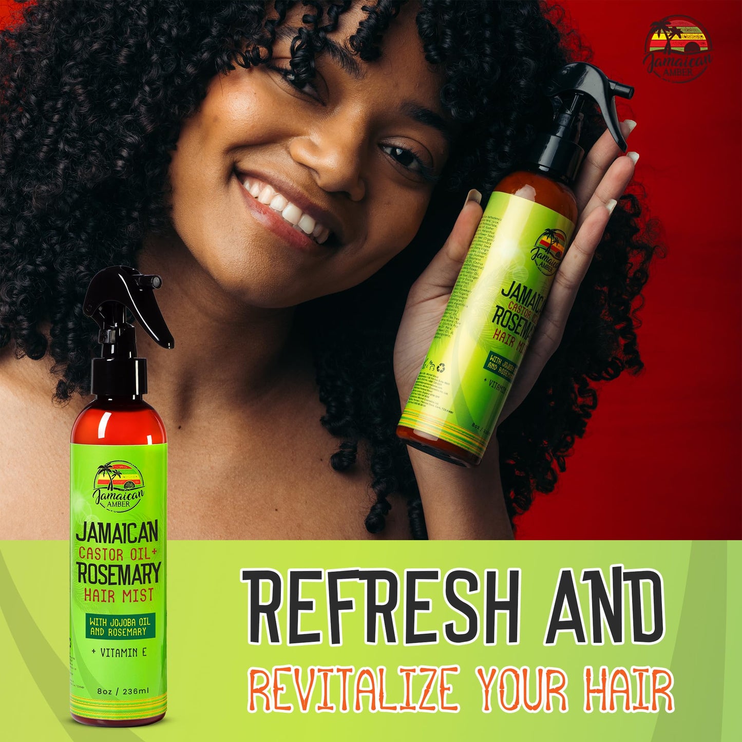JAMAICAN Ambre Leave in Hair Mist - 8 fl oz / 236 ml - Strengthening Hair Spray, Detangles Knots, Refreshes Scalp, Instant Hydration, Hair Strength - Nourished Hair Scalp with Rosemary & Castor Oil