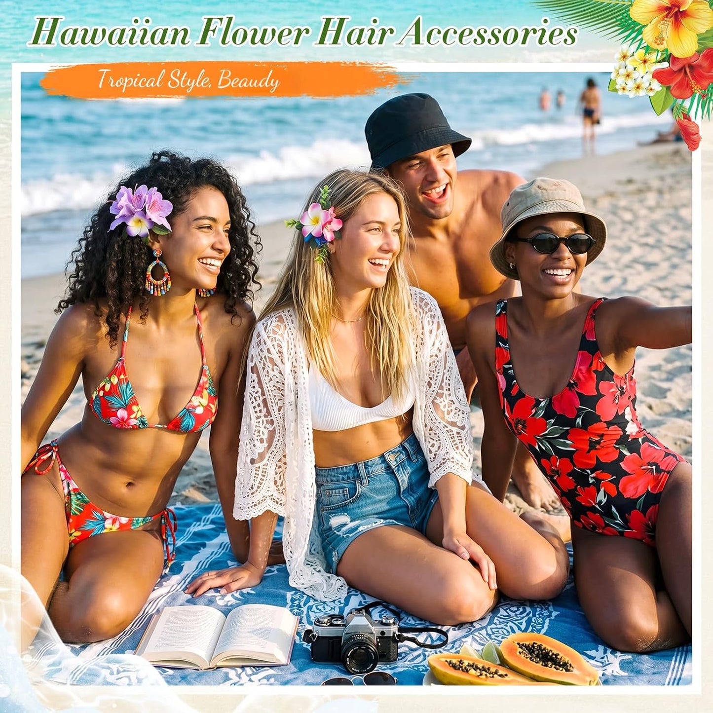 Hawaiian Flower Hair Clips - 6 Pcs Tropical Floral Accessories for Summer Beach Weddings | Large Plumeria & Orchid Design