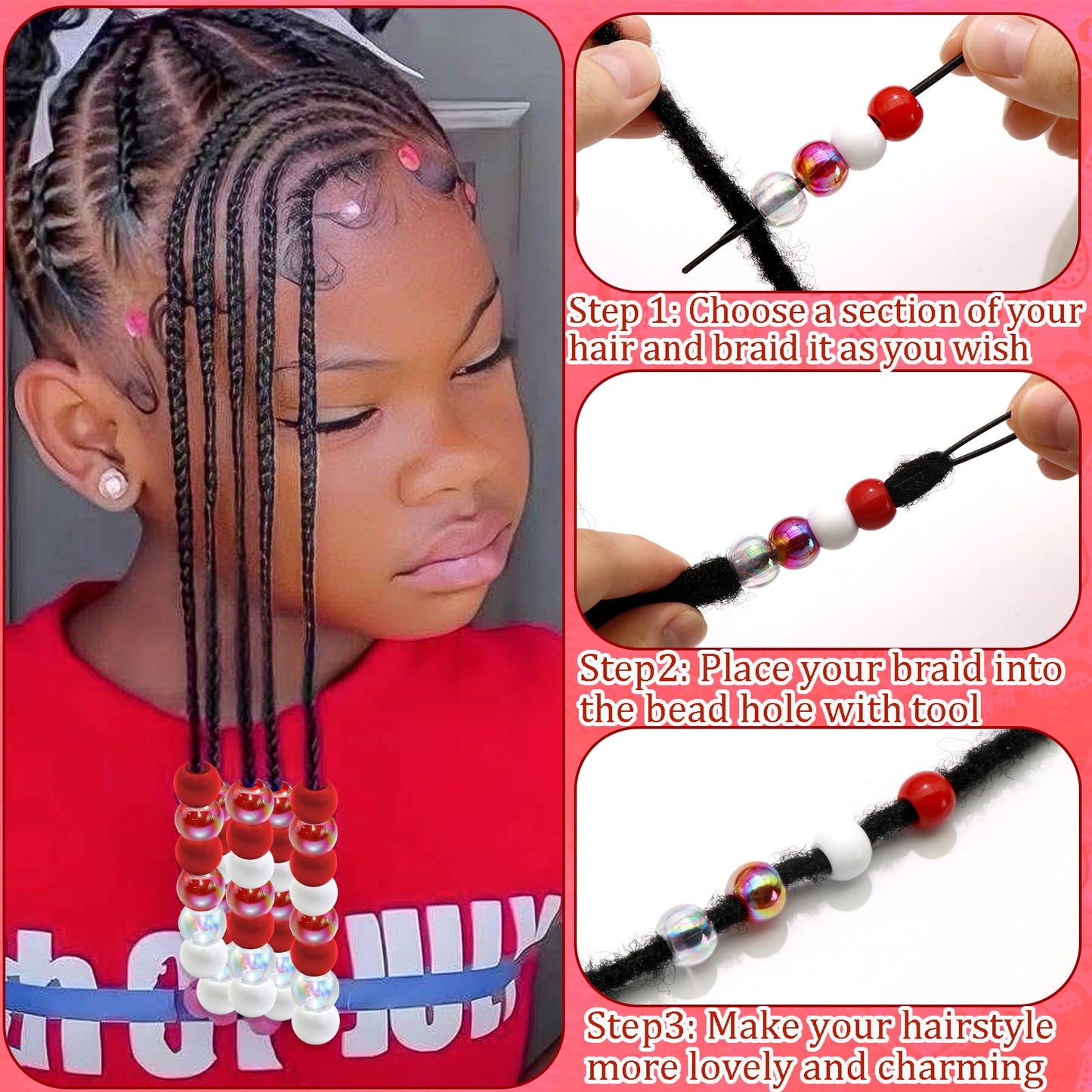NAISKA 60PCS Valentines Red Hair Beads for Braids AB Color Round Beads for Hair Acrylic Dreadlock Bead Cute Pony Braids Beads Jewelry Valentine's Day Loc Hair Accessories